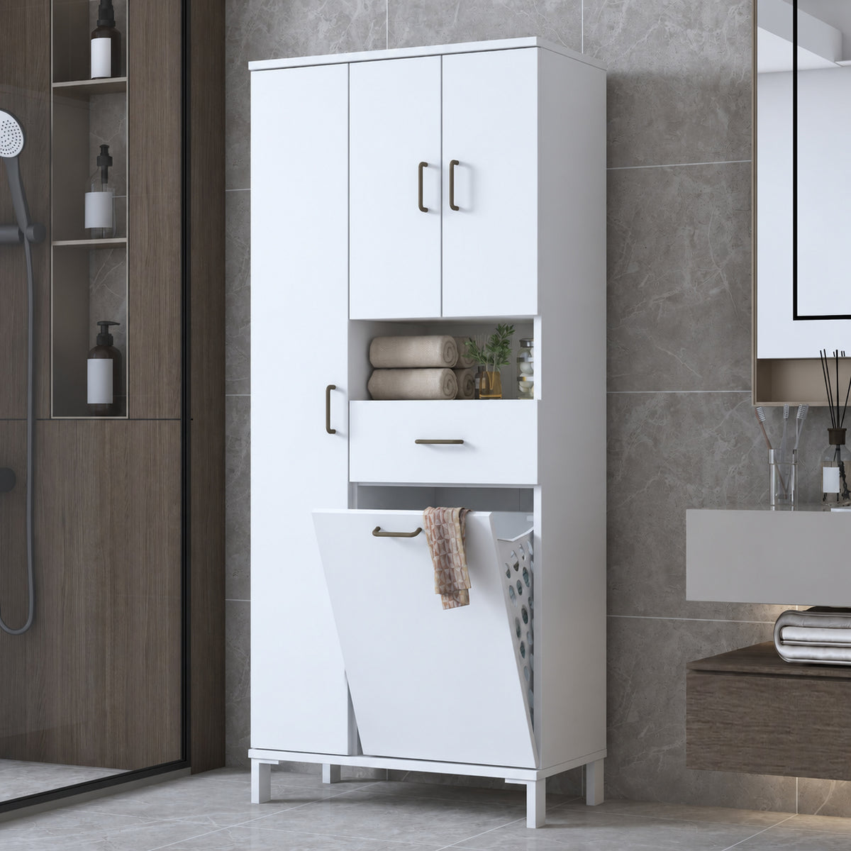 Rani KC122 Banyo Dolabı Düşer Kapaklı Raflı Çekmeceli Çamaşır Sepeti Bölmeli Çok Amaçlı Dolap Beyaz