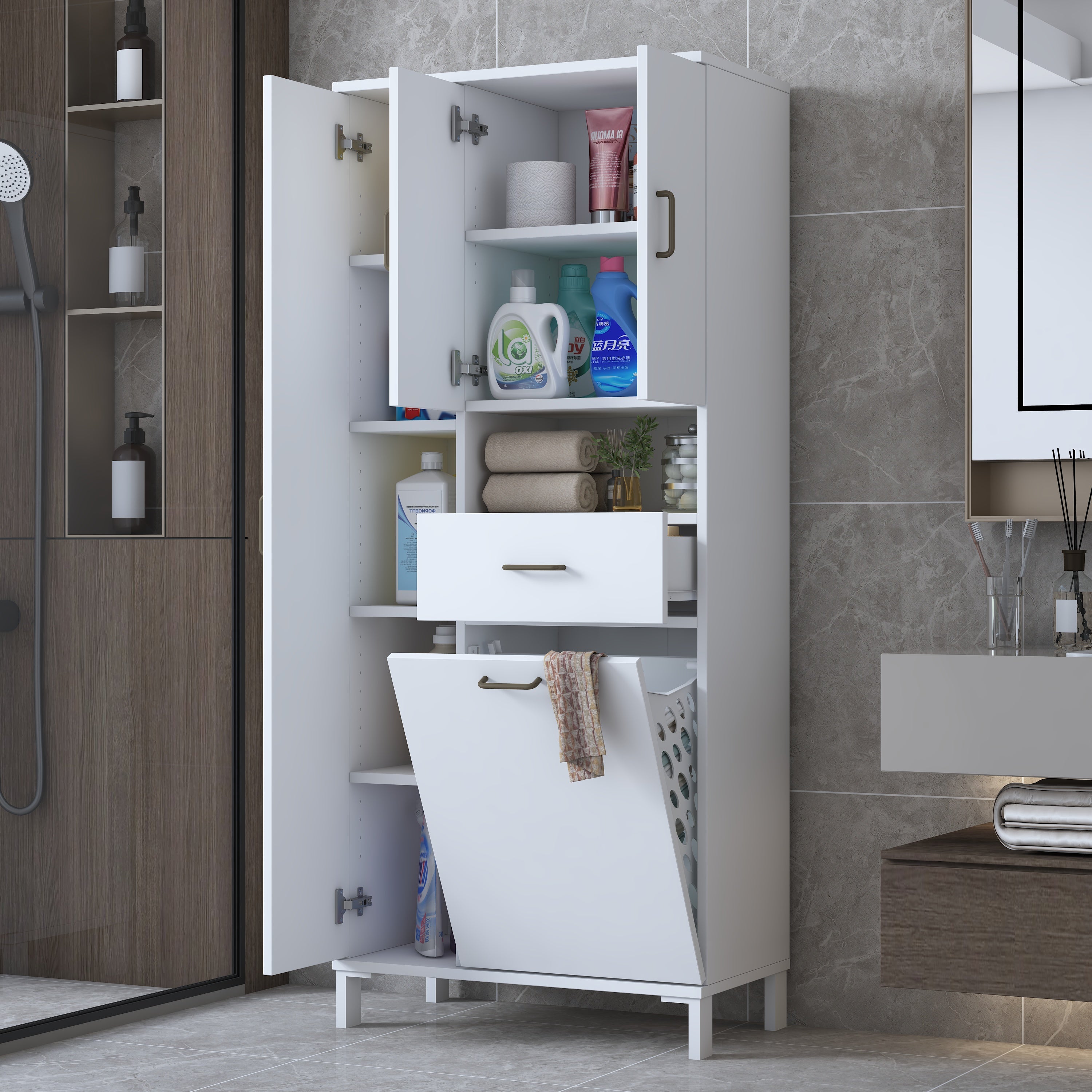 Rani KC122 Banyo Dolabı Düşer Kapaklı Raflı Çekmeceli Çamaşır Sepeti Bölmeli Çok Amaçlı Dolap Beyaz