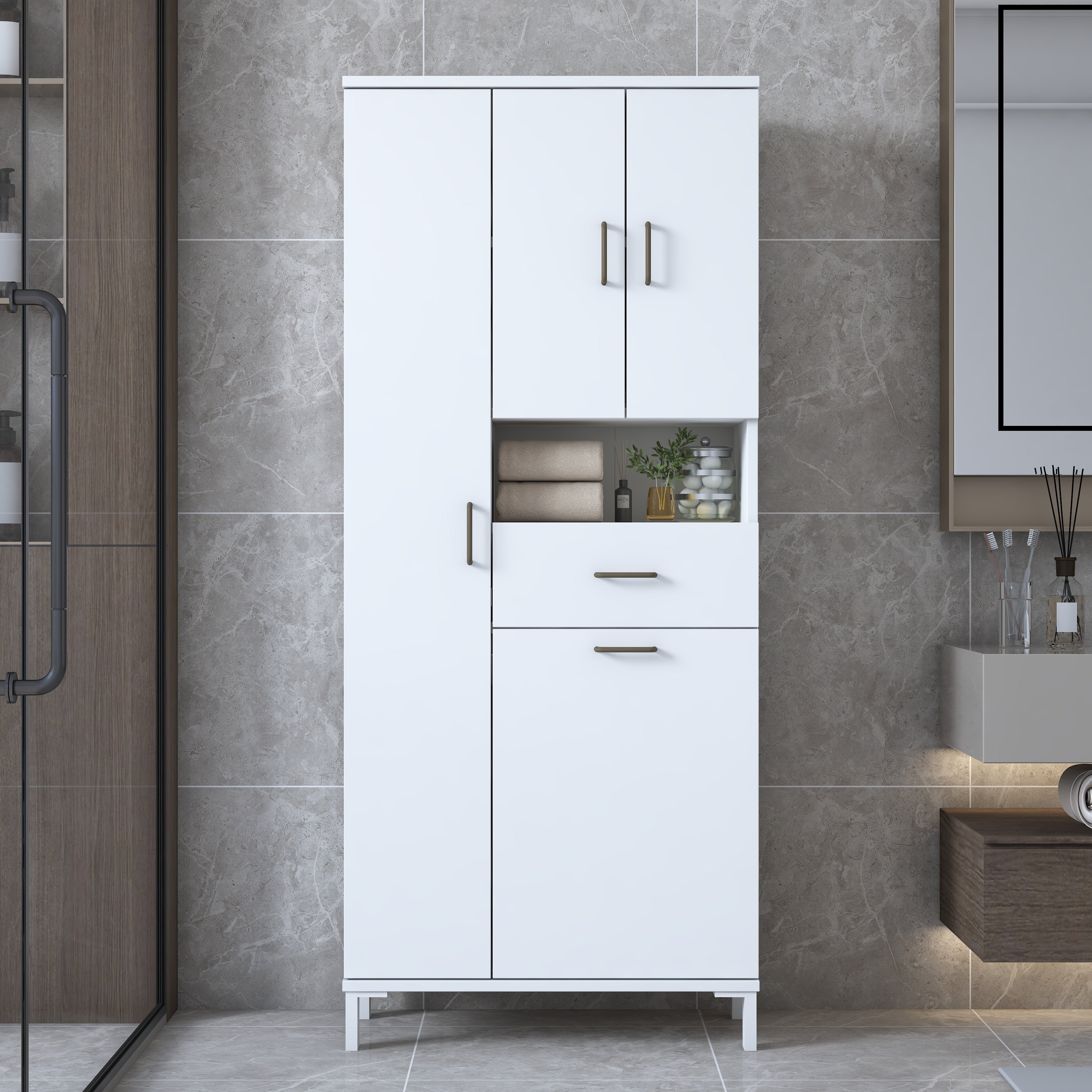 Rani KC122 Banyo Dolabı Düşer Kapaklı Raflı Çekmeceli Çamaşır Sepeti Bölmeli Çok Amaçlı Dolap Beyaz