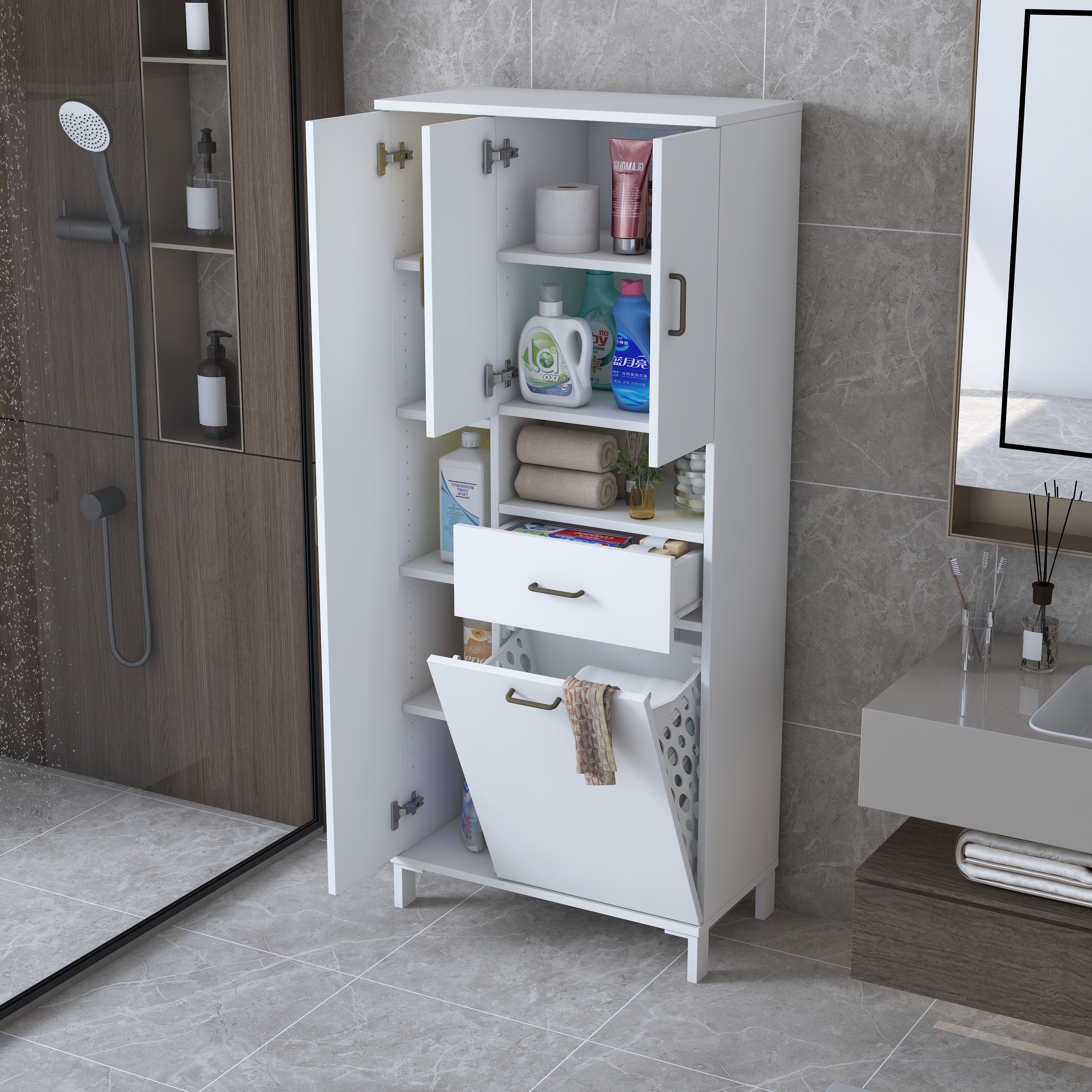 Rani KC122 Banyo Dolabı Düşer Kapaklı Raflı Çekmeceli Çamaşır Sepeti Bölmeli Çok Amaçlı Dolap Beyaz