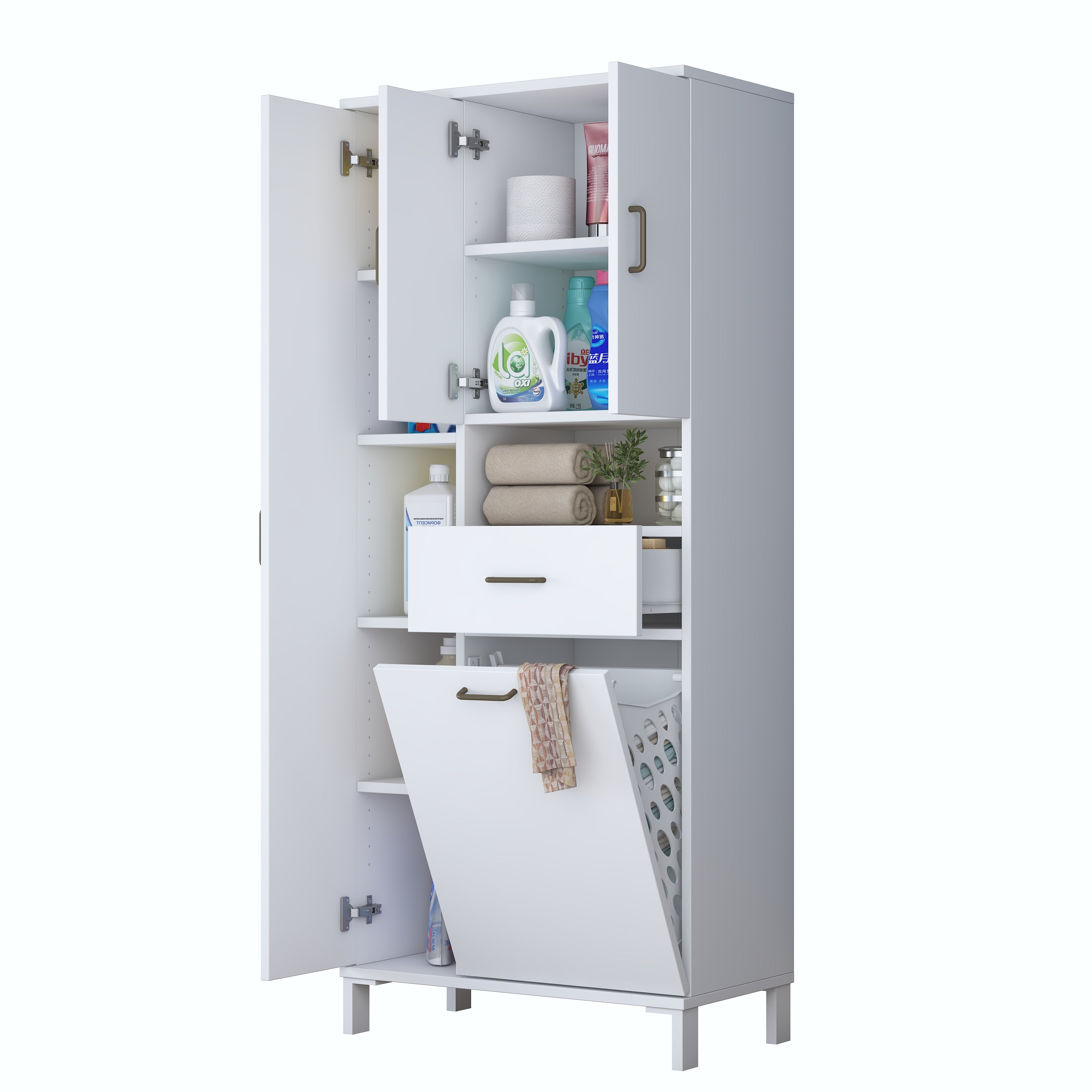 Rani KC122 Banyo Dolabı Düşer Kapaklı Raflı Çekmeceli Çamaşır Sepeti Bölmeli Çok Amaçlı Dolap Beyaz