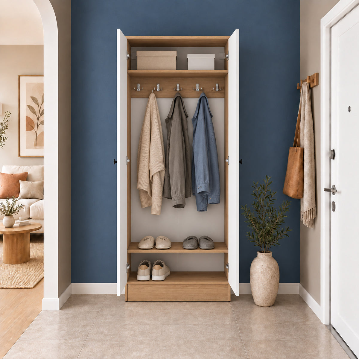 Rani EA172 Modern Portmanto 2 Kapaklı Raflı Askılı Ayakkabılık Vestiyer Sepet Ceviz - Beyaz