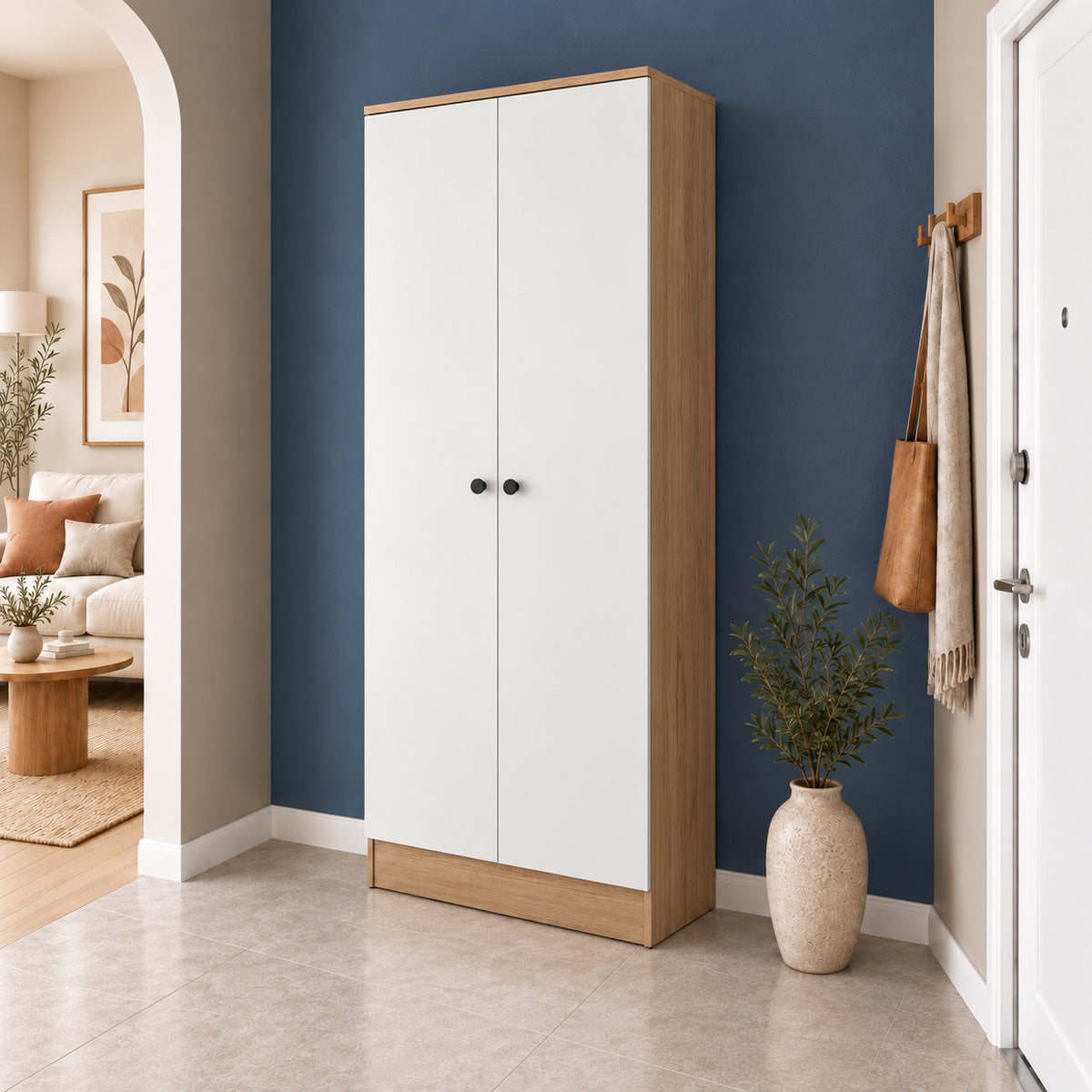 Rani EA172 Modern Portmanto 2 Kapaklı Raflı Askılı Ayakkabılık Vestiyer Sepet Ceviz - Beyaz