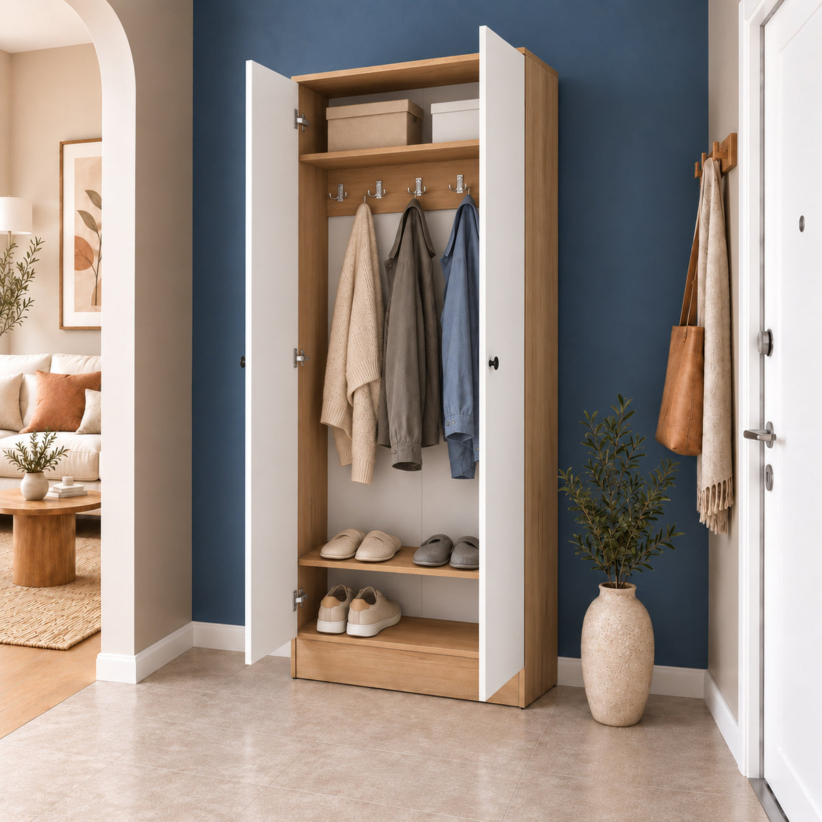 Rani EA172 Modern Portmanto 2 Kapaklı Raflı Askılı Ayakkabılık Vestiyer Sepet Ceviz - Beyaz