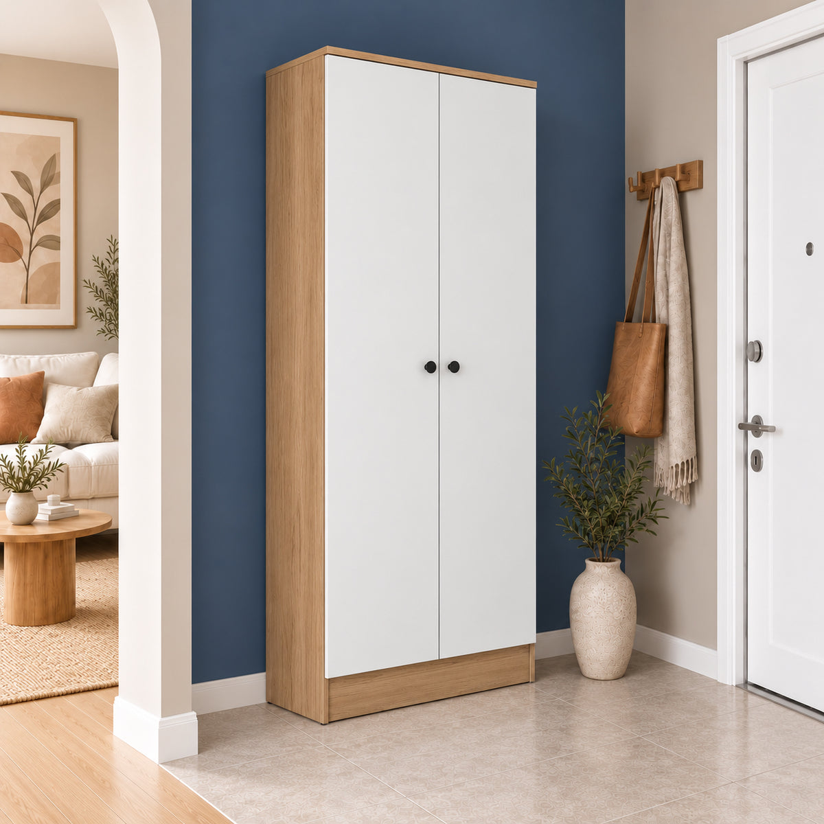 Rani EA172 Modern Portmanto 2 Kapaklı Raflı Askılı Ayakkabılık Vestiyer Sepet Ceviz - Beyaz