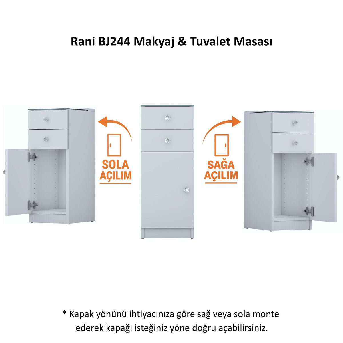 Rani BJ244 Çekmeceli Raflı Makyaj & Tuvalet Masası Cam Tablalı Kapaklı Yan Dolap Beyaz
