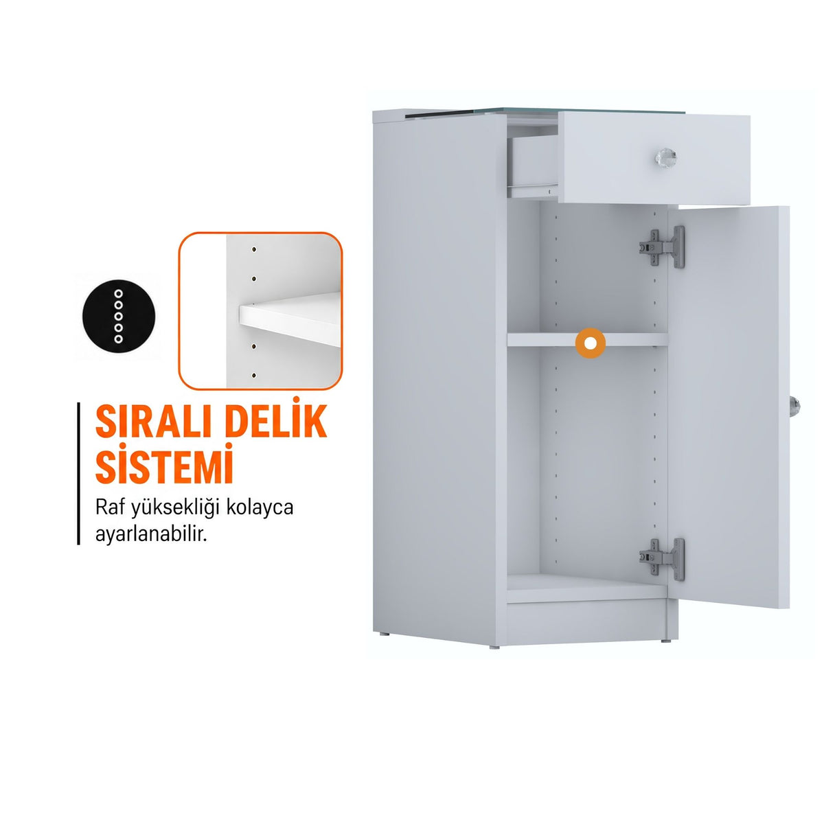 Rani BJ243 Çekmeceli Raflı Makyaj & Tuvalet Masası Cam Tablalı Kapaklı Yan Dolap Beyaz