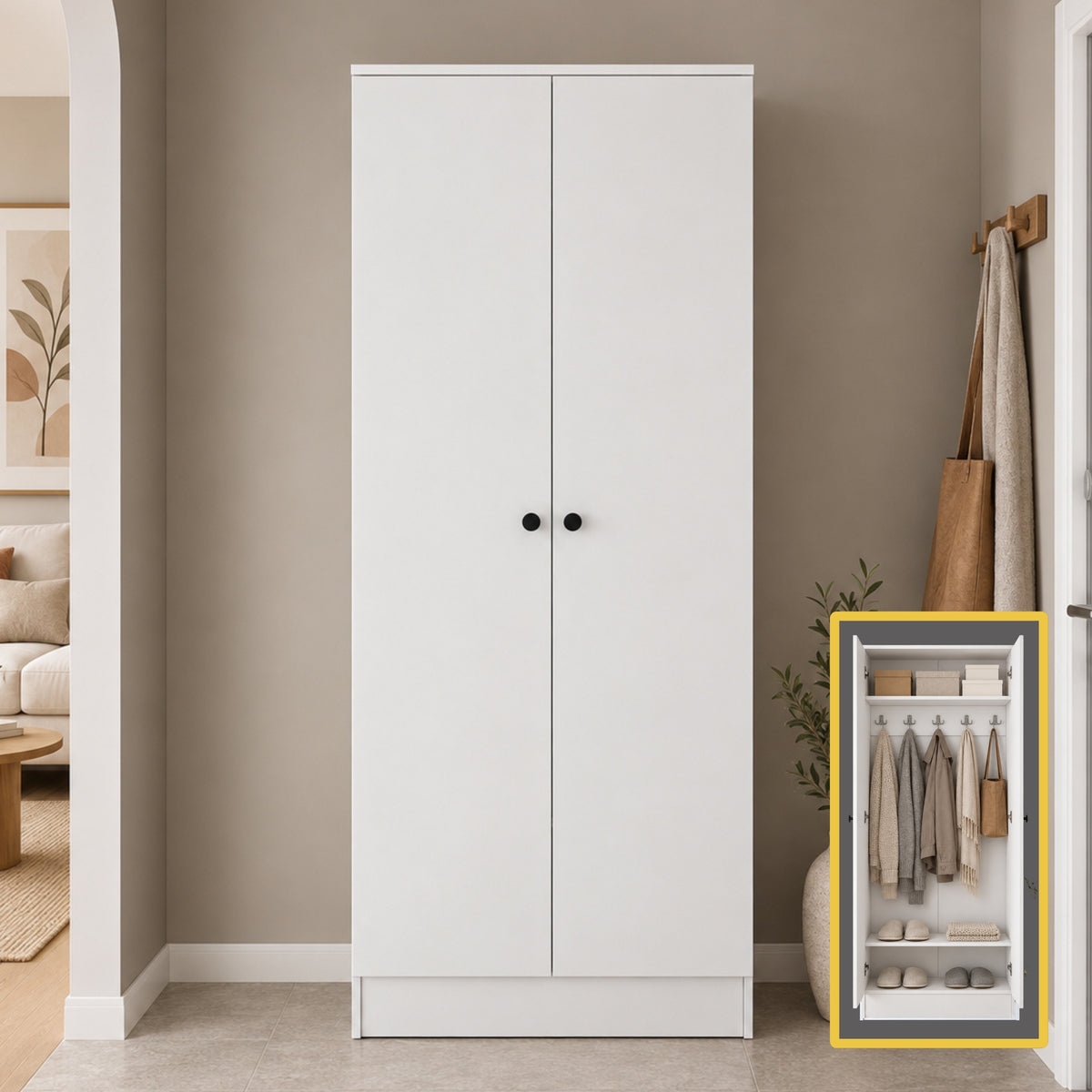 Rani EA172 Modern Portmanto 2 Kapaklı Raflı Askılı Ayakkabılık Vestiyer Beyaz