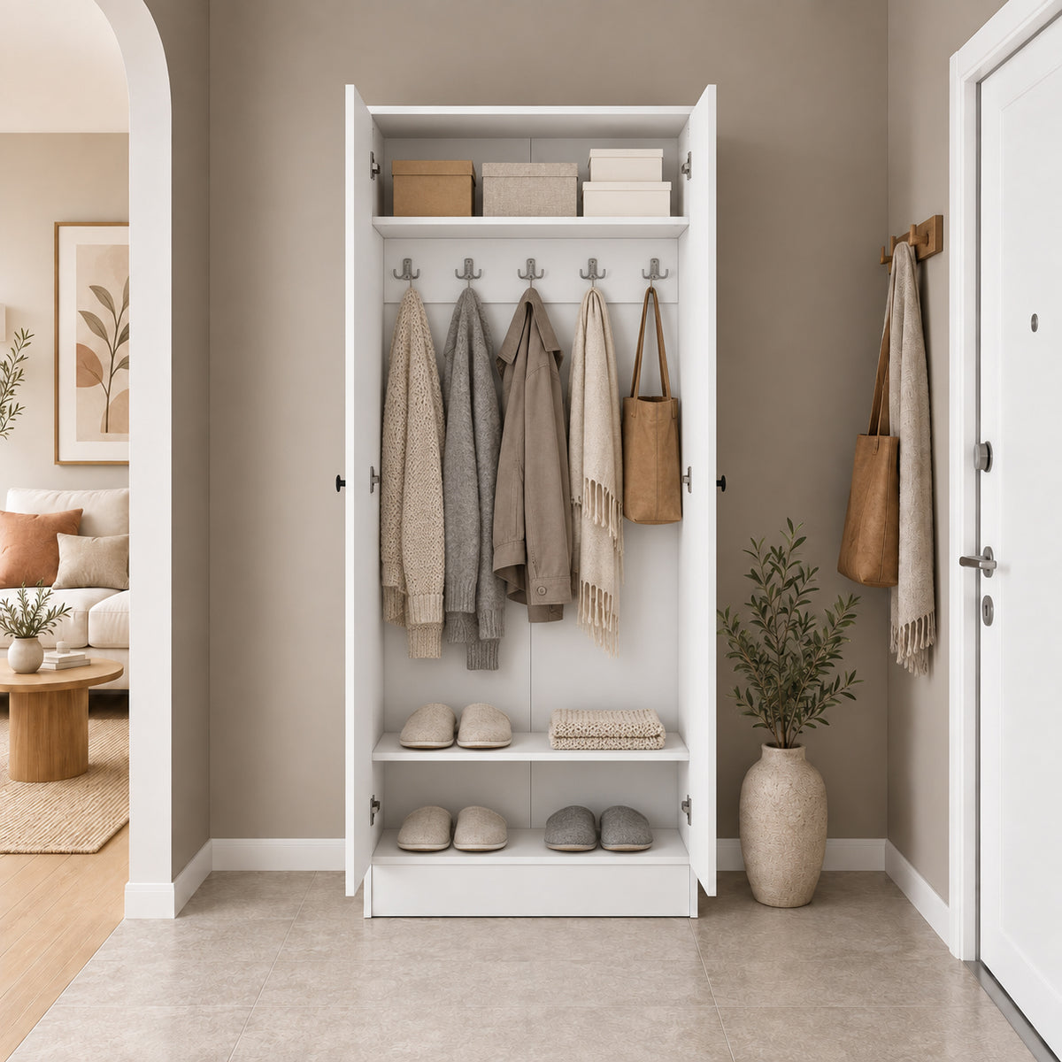 Rani EA172 Modern Portmanto 2 Kapaklı Raflı Askılı Ayakkabılık Vestiyer Beyaz