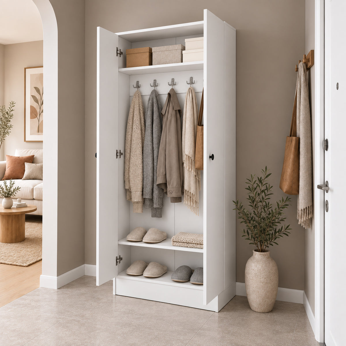 Rani EA172 Modern Portmanto 2 Kapaklı Raflı Askılı Ayakkabılık Vestiyer Beyaz