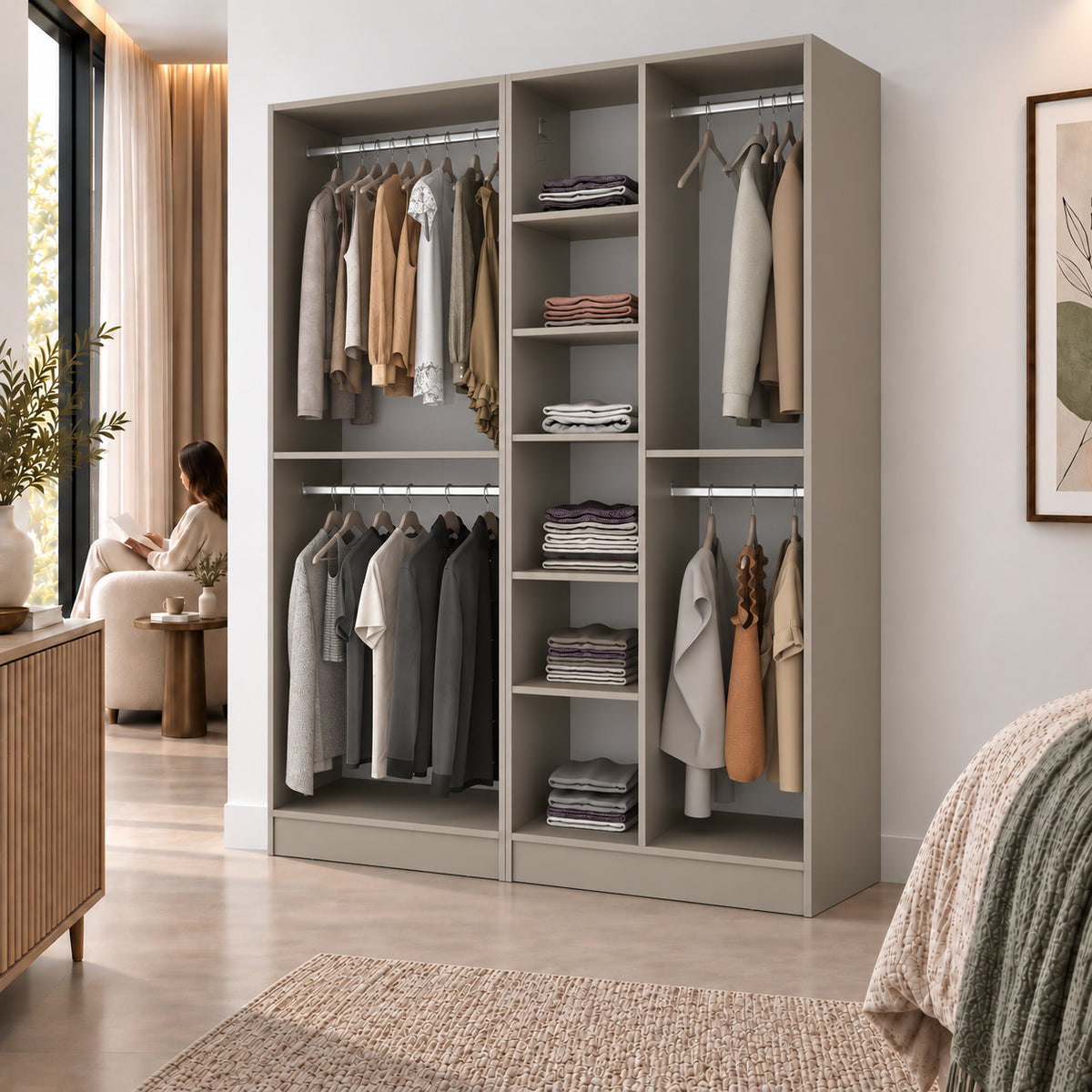 Rani BA395 Modüler Gardırop 4 Kapaklı Raflı Askılı Elbise Dolabı Kumtaşı
