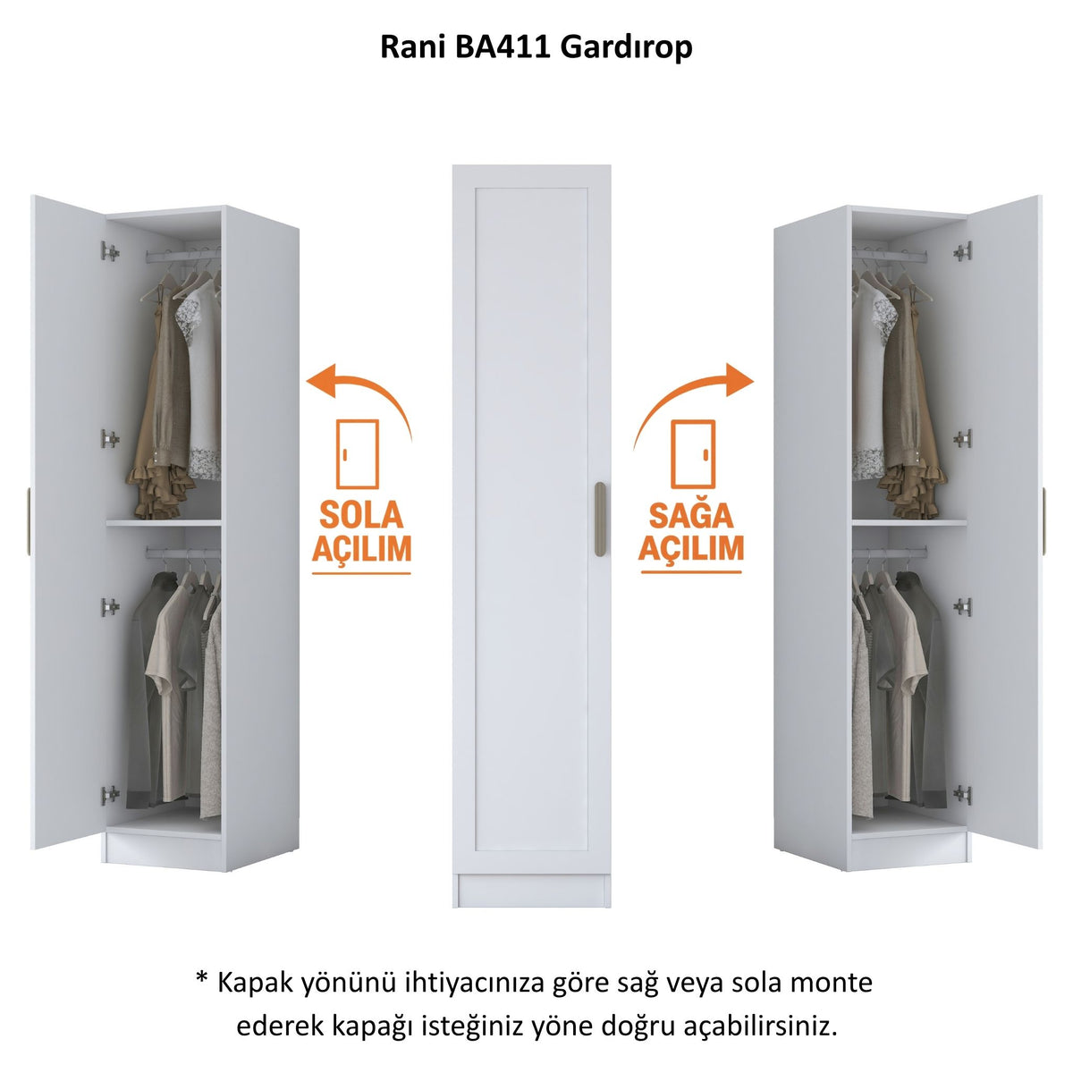 Rani BA411 Membran Kapaklı Gardırop Tek Kapaklı Raflı 2 Askılı Elbise Dolabı Beyaz