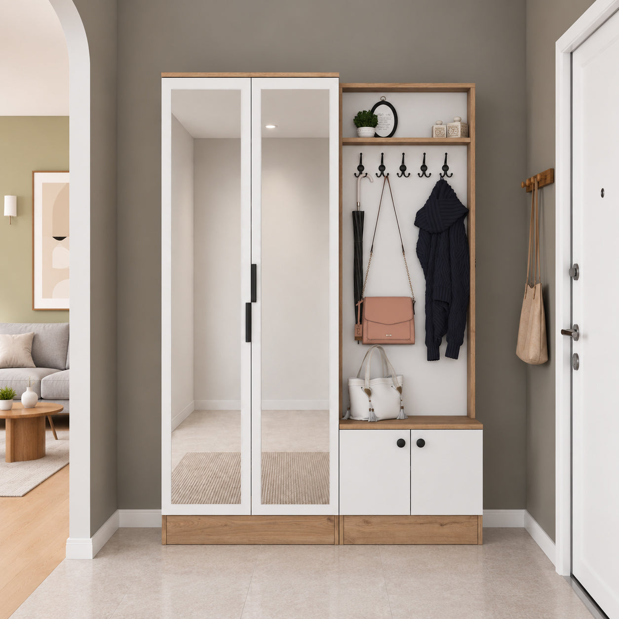 Rani EA175 Modern Portmanto 4 Kapaklı Aynalı Raflı Askılı Ayakkabılık Vestiyer Sepet Ceviz - Beyaz