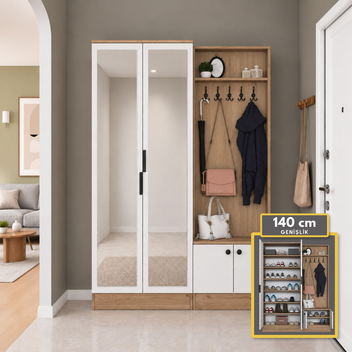 Rani EA175 Modern Portmanto 4 Kapaklı Aynalı Raflı Askılı Ayakkabılık Vestiyer Sepet Ceviz - Beyaz