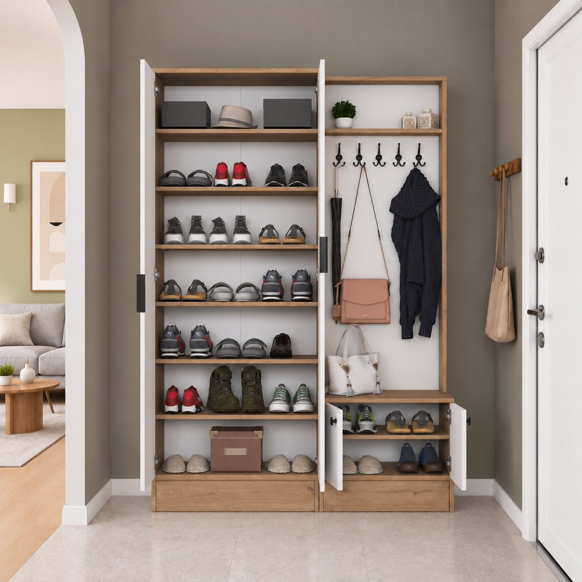 Rani EA175 Modern Portmanto 4 Kapaklı Aynalı Raflı Askılı Ayakkabılık Vestiyer Sepet Ceviz - Beyaz