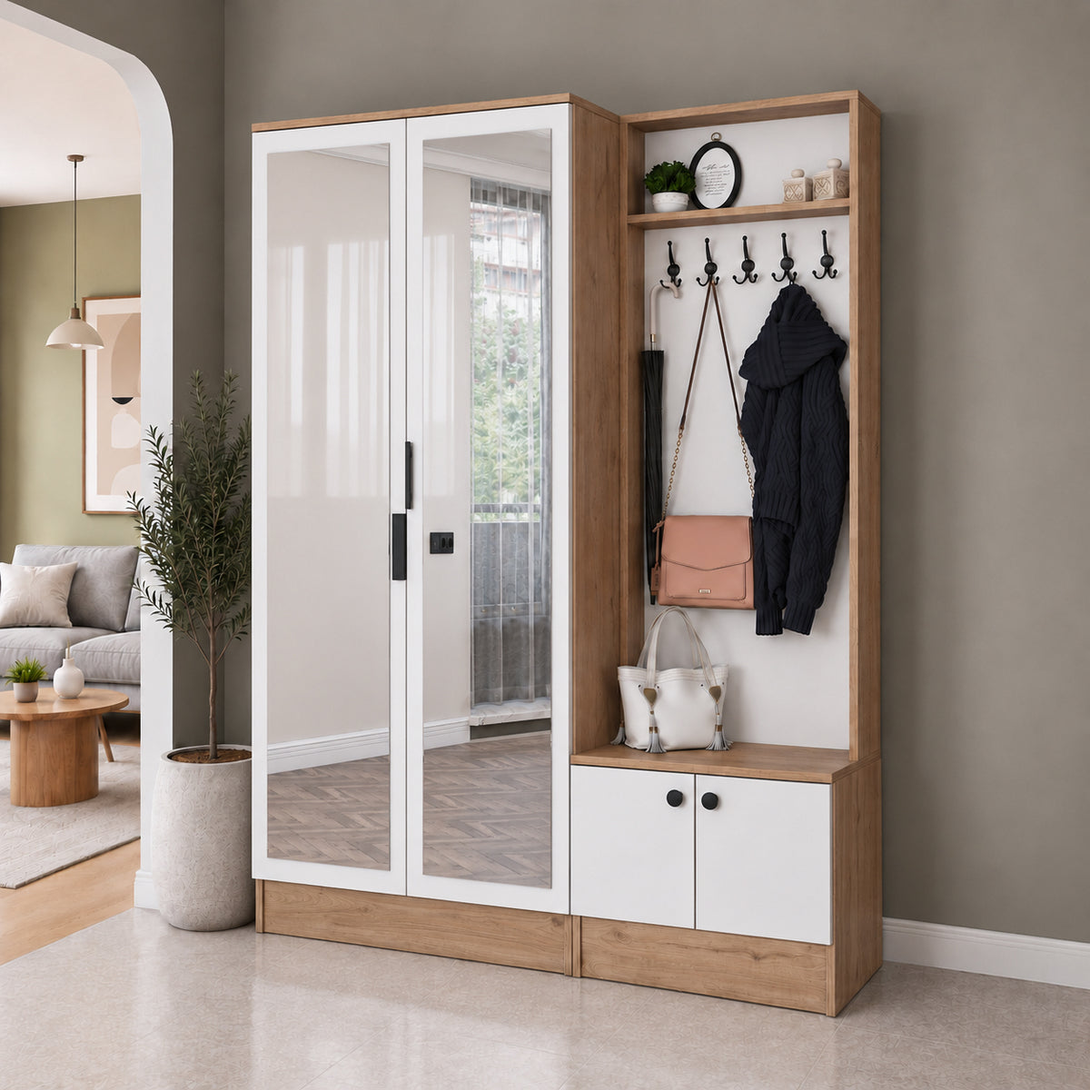 Rani EA175 Modern Portmanto 4 Kapaklı Aynalı Raflı Askılı Ayakkabılık Vestiyer Sepet Ceviz - Beyaz