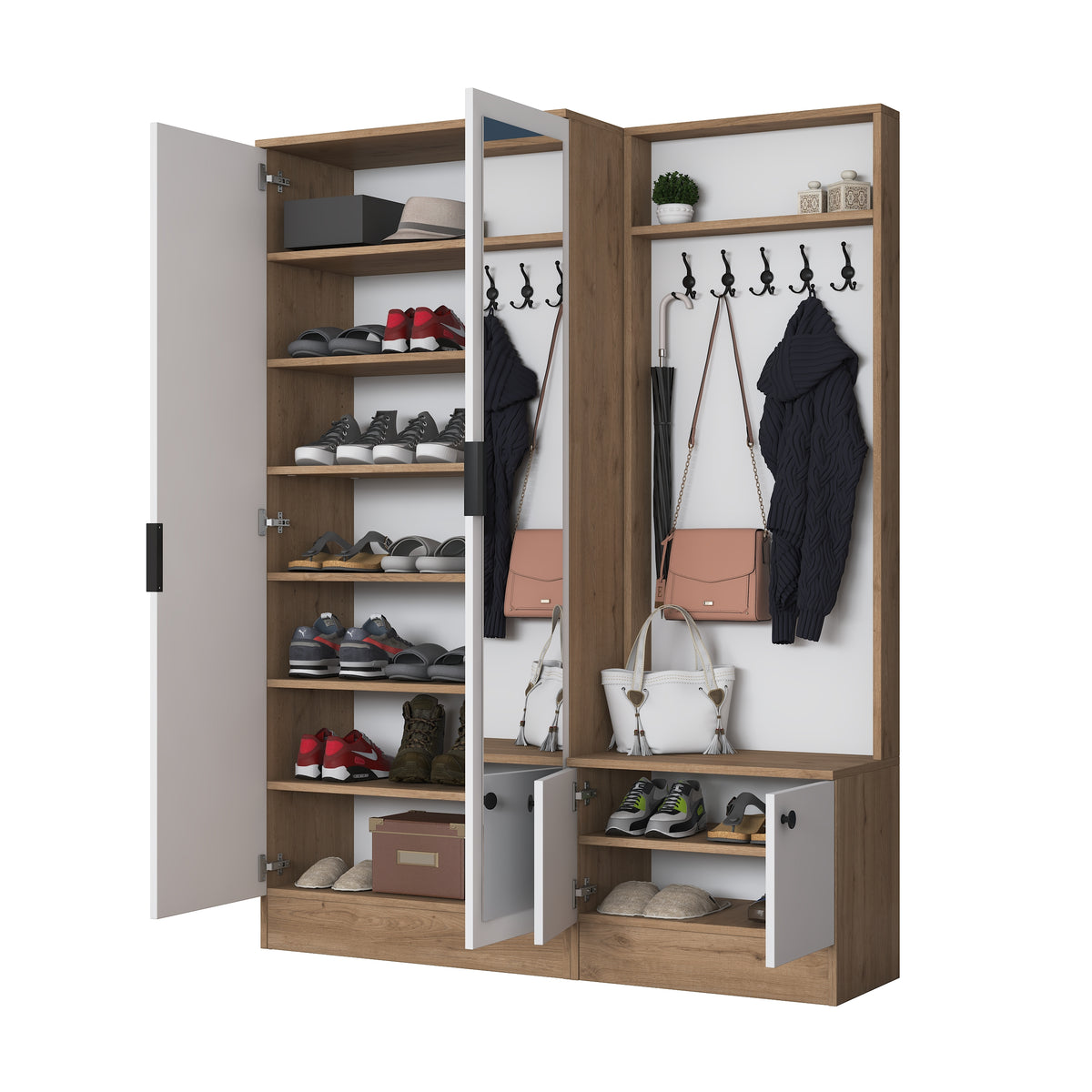 Rani EA175 Modern Portmanto 4 Kapaklı Aynalı Raflı Askılı Ayakkabılık Vestiyer Sepet Ceviz - Beyaz