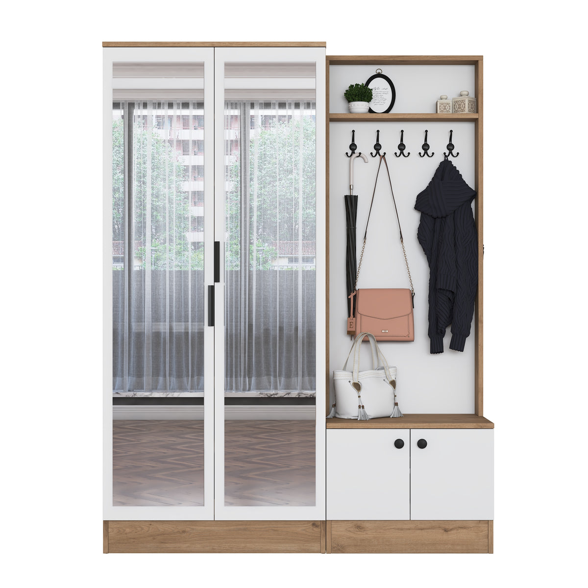 Rani EA175 Modern Portmanto 4 Kapaklı Aynalı Raflı Askılı Ayakkabılık Vestiyer Sepet Ceviz - Beyaz
