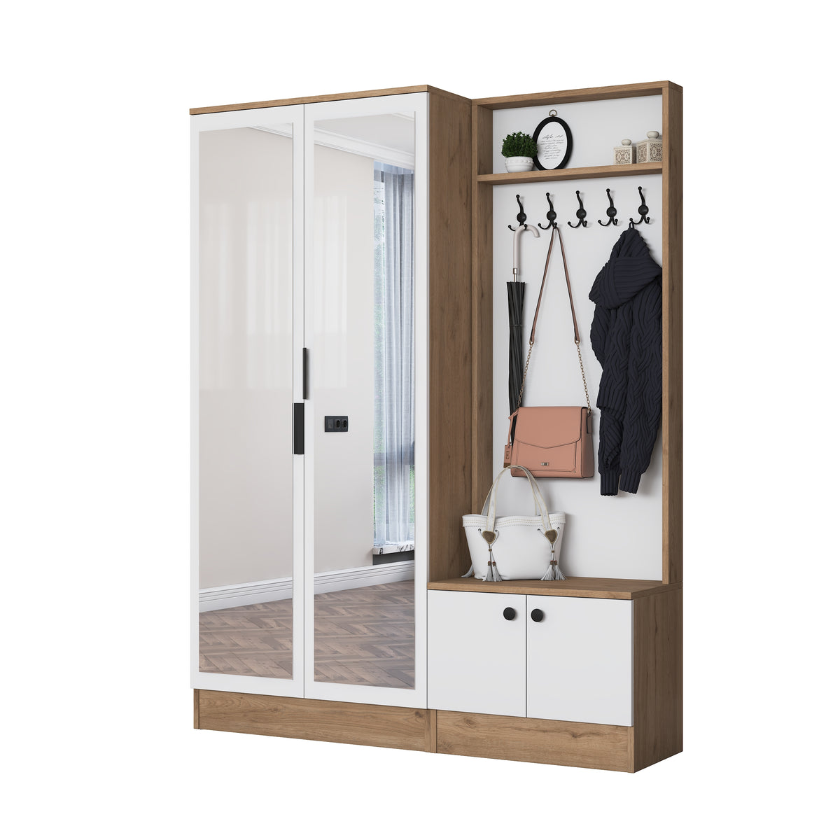 Rani EA175 Modern Portmanto 4 Kapaklı Aynalı Raflı Askılı Ayakkabılık Vestiyer Sepet Ceviz - Beyaz