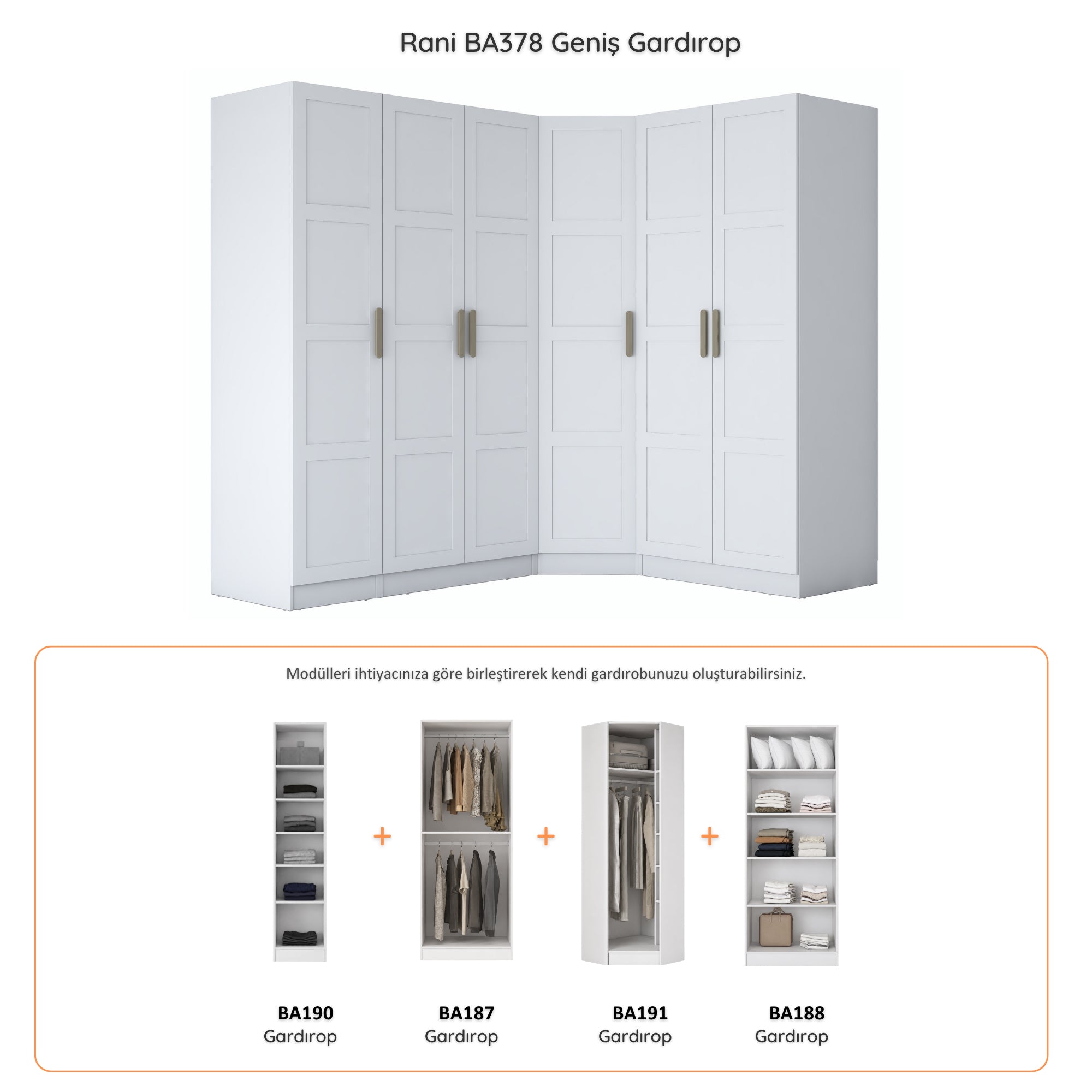 Rani BA378 Membran Kapaklı Modüler Gardırop 6 Kapaklı Raflı Askılı Elbise Dolabı Beyaz