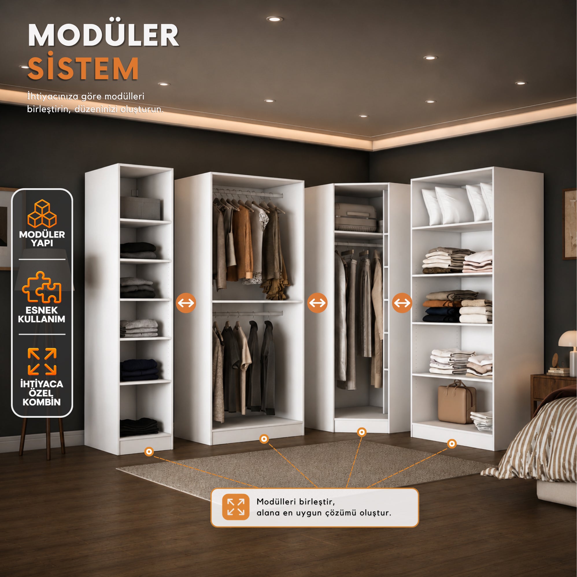 Rani BA378 Membran Kapaklı Modüler Gardırop 6 Kapaklı Raflı Askılı Elbise Dolabı Beyaz