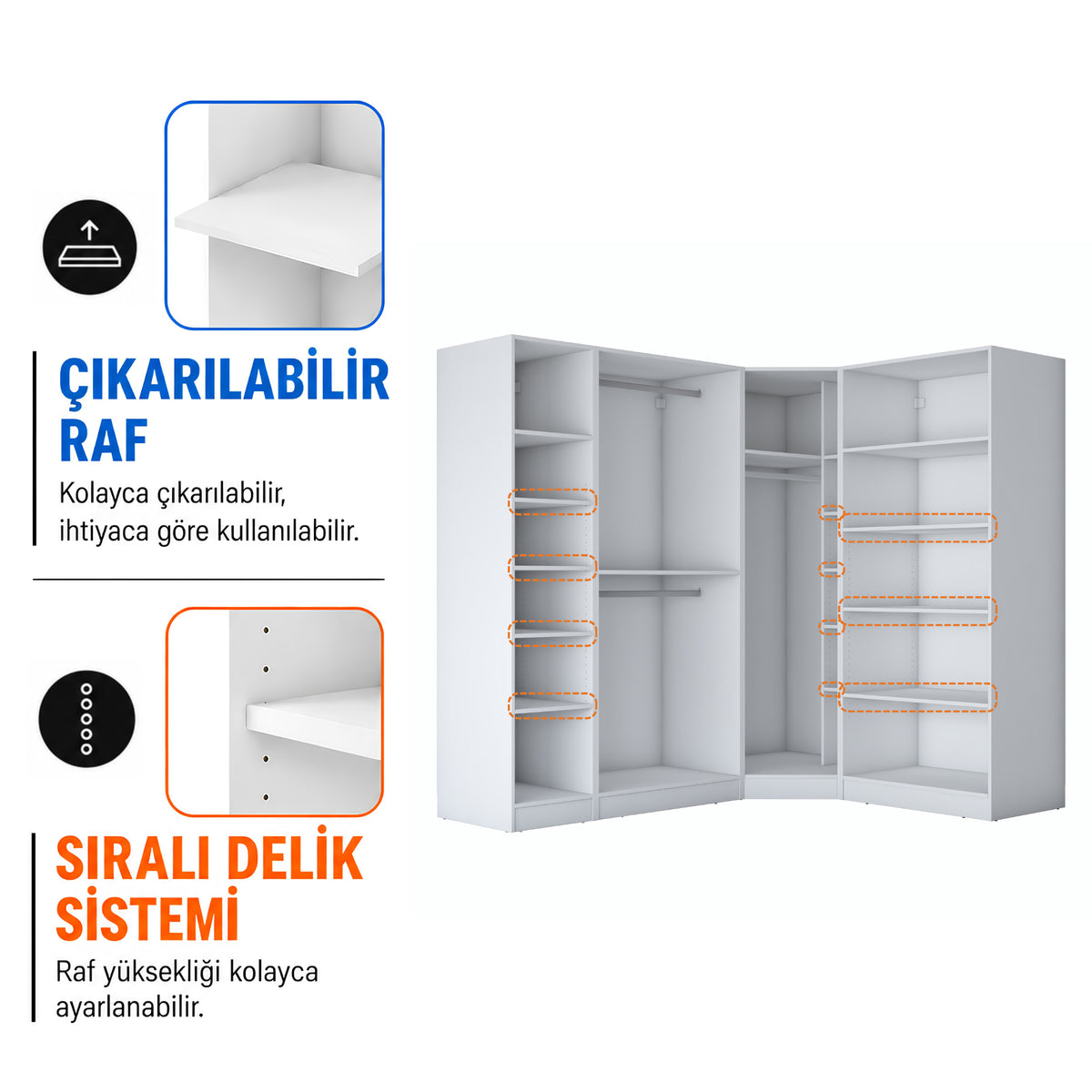 Rani BA378 Membran Kapaklı Modüler Gardırop 6 Kapaklı Raflı Askılı Elbise Dolabı Beyaz