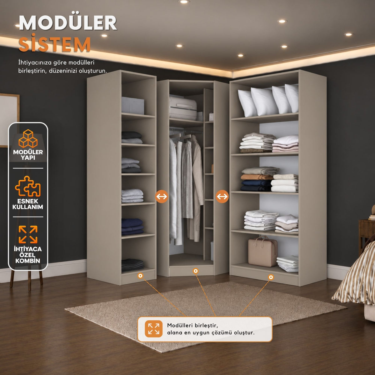 Rani BA401 Membran Kapaklı Modüler Gardırop 4 Kapaklı Raflı Askılı Elbise Dolabı Kumtaşı