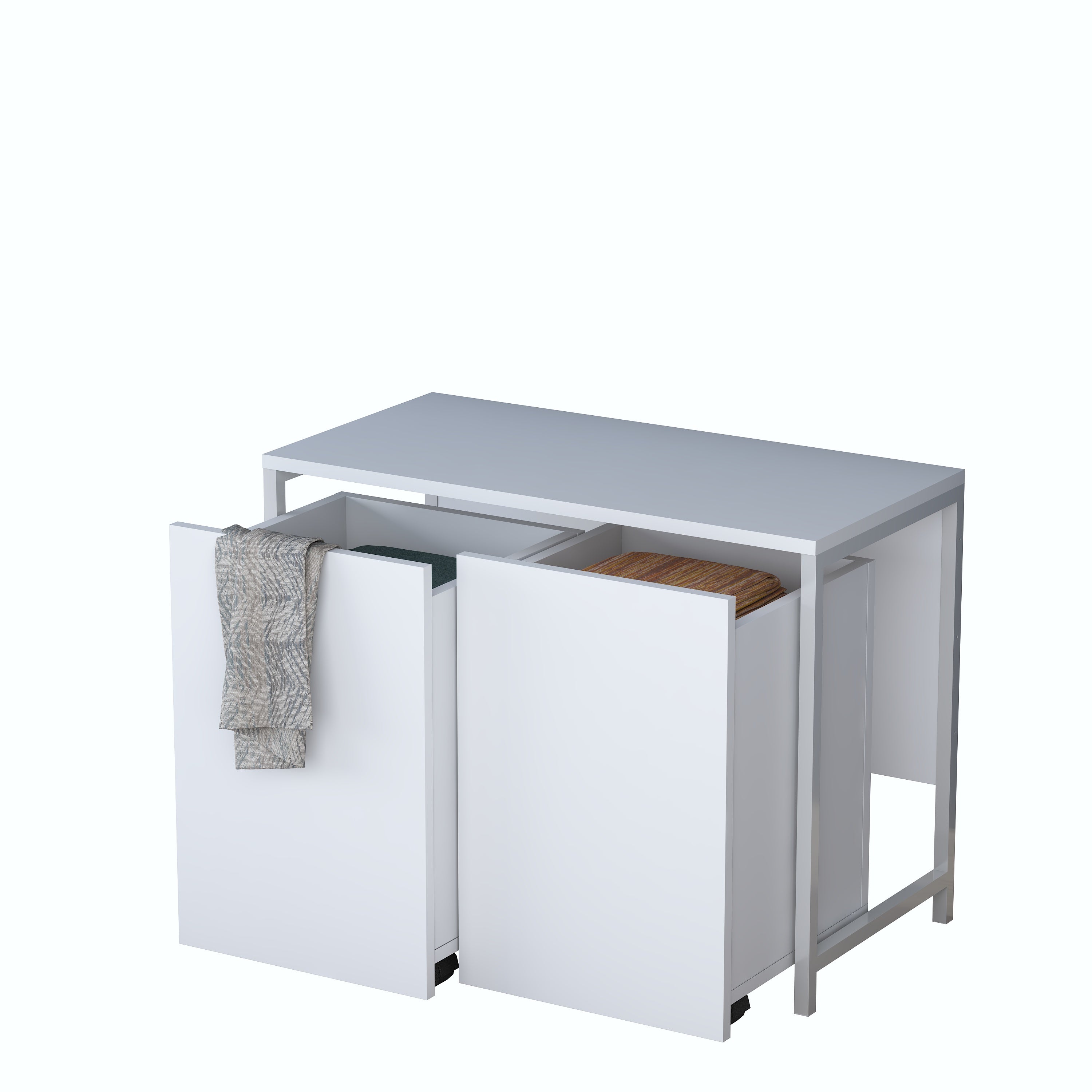 Rani KC128 Tekerlekli Kirli Çamaşır Dolabı 2 Bölmeli Banyo Dolabı Beyaz