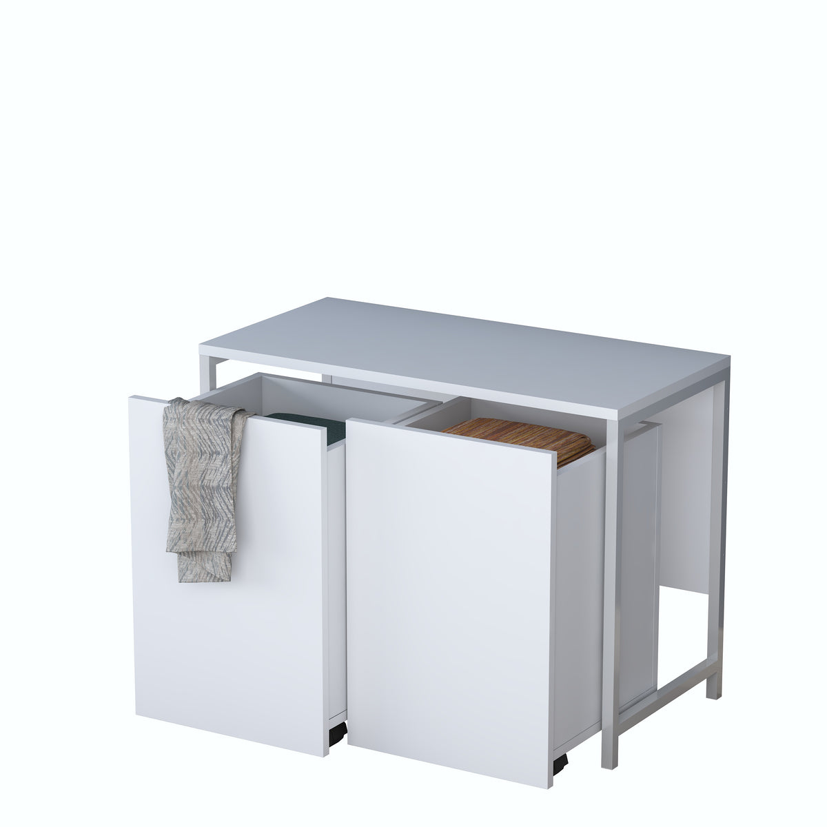 Rani KC128 Tekerlekli Kirli Çamaşır Dolabı 2 Bölmeli Banyo Dolabı Beyaz