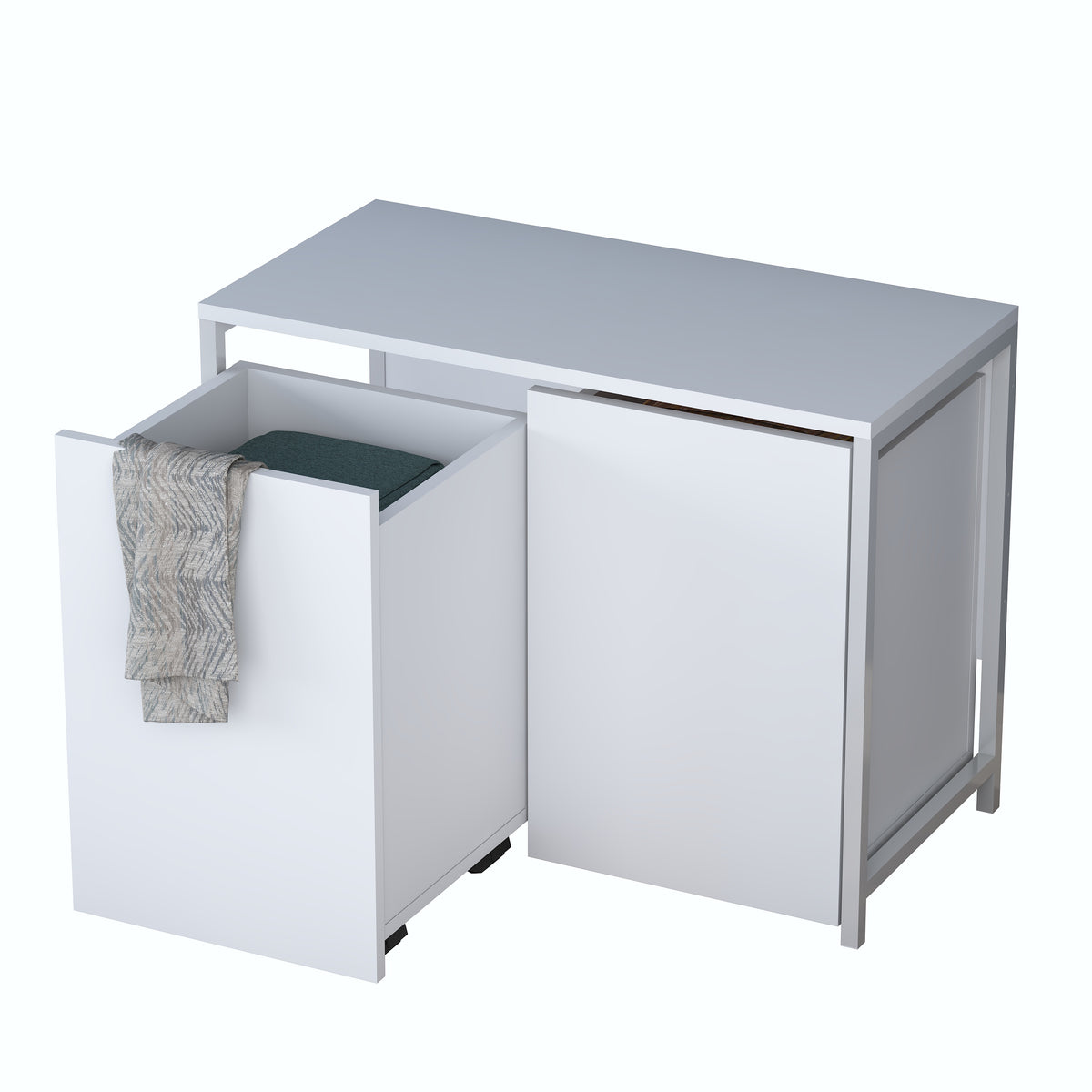 Rani KC128 Tekerlekli Kirli Çamaşır Dolabı 2 Bölmeli Banyo Dolabı Beyaz