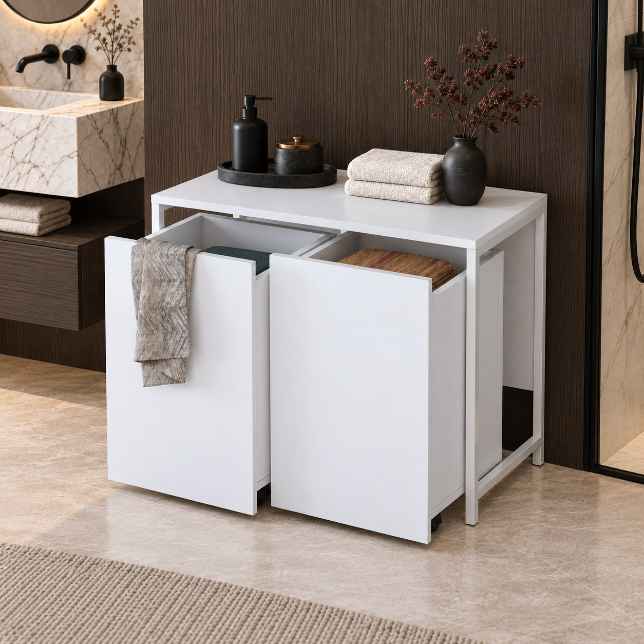 Rani KC128 Tekerlekli Kirli Çamaşır Dolabı 2 Bölmeli Banyo Dolabı Beyaz