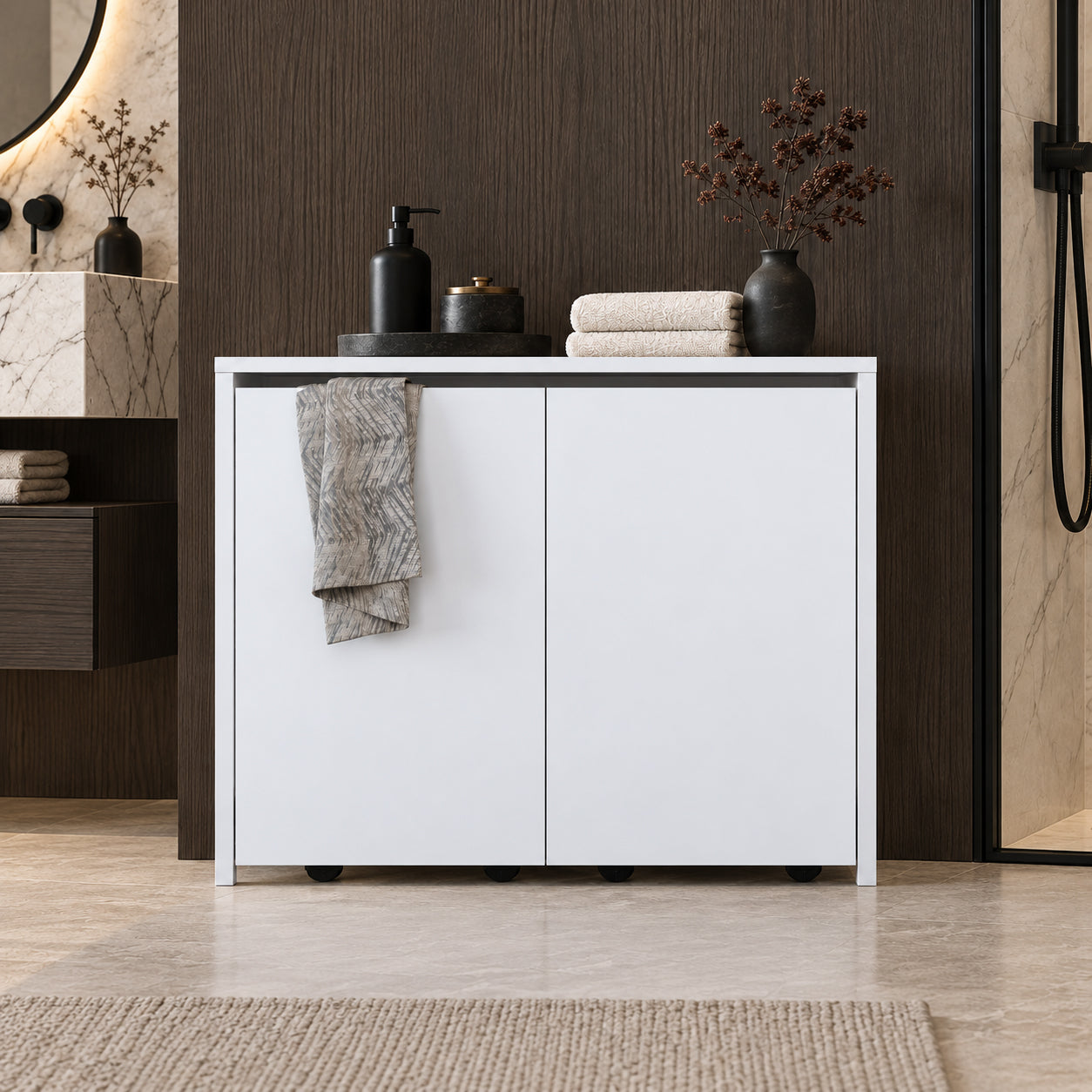 Rani KC128 Tekerlekli Kirli Çamaşır Dolabı 2 Bölmeli Banyo Dolabı Beyaz