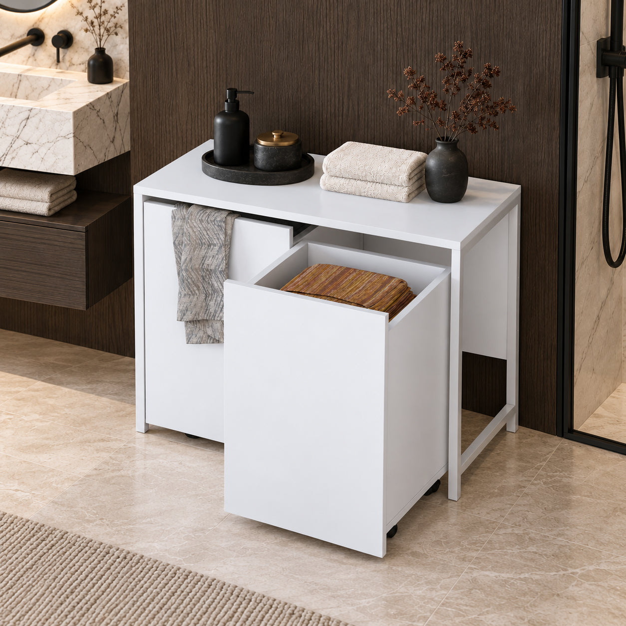 Rani KC128 Tekerlekli Kirli Çamaşır Dolabı 2 Bölmeli Banyo Dolabı Beyaz
