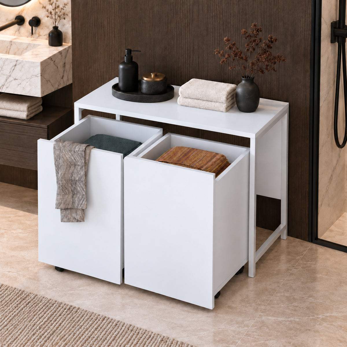 Rani KC128 Tekerlekli Kirli Çamaşır Dolabı 2 Bölmeli Banyo Dolabı Beyaz