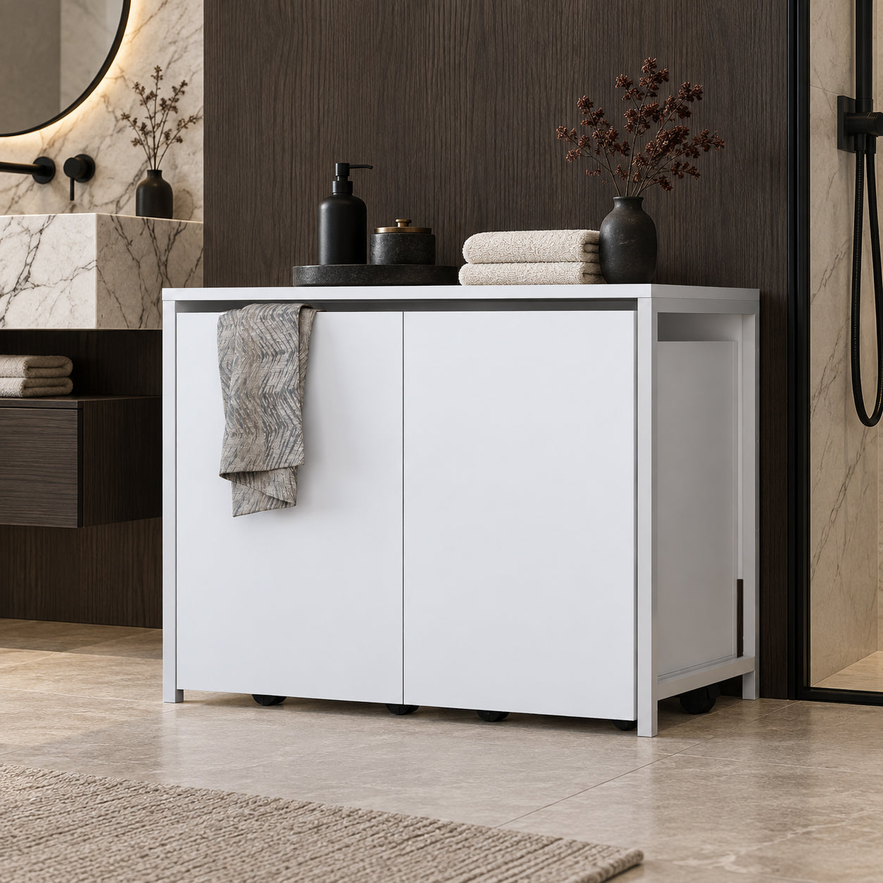 Rani KC128 Tekerlekli Kirli Çamaşır Dolabı 2 Bölmeli Banyo Dolabı Beyaz