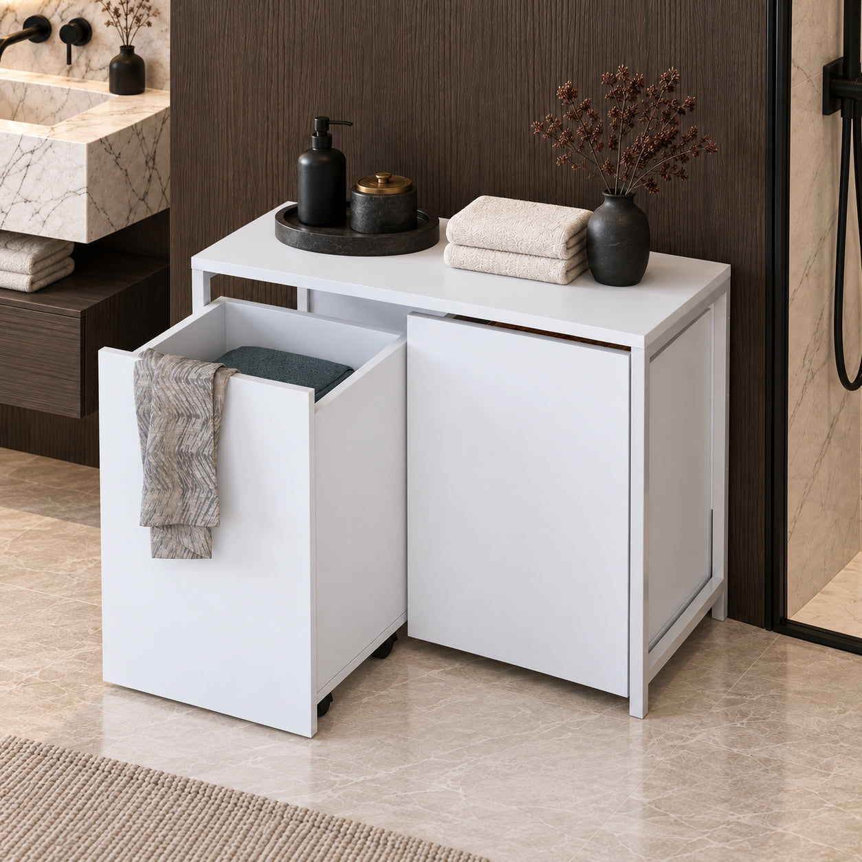 Rani KC128 Tekerlekli Kirli Çamaşır Dolabı 2 Bölmeli Banyo Dolabı Beyaz