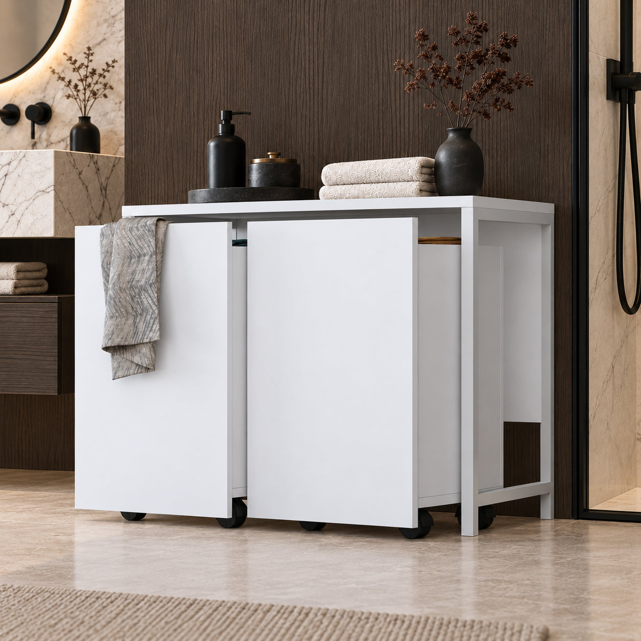 Rani KC128 Tekerlekli Kirli Çamaşır Dolabı 2 Bölmeli Banyo Dolabı Beyaz