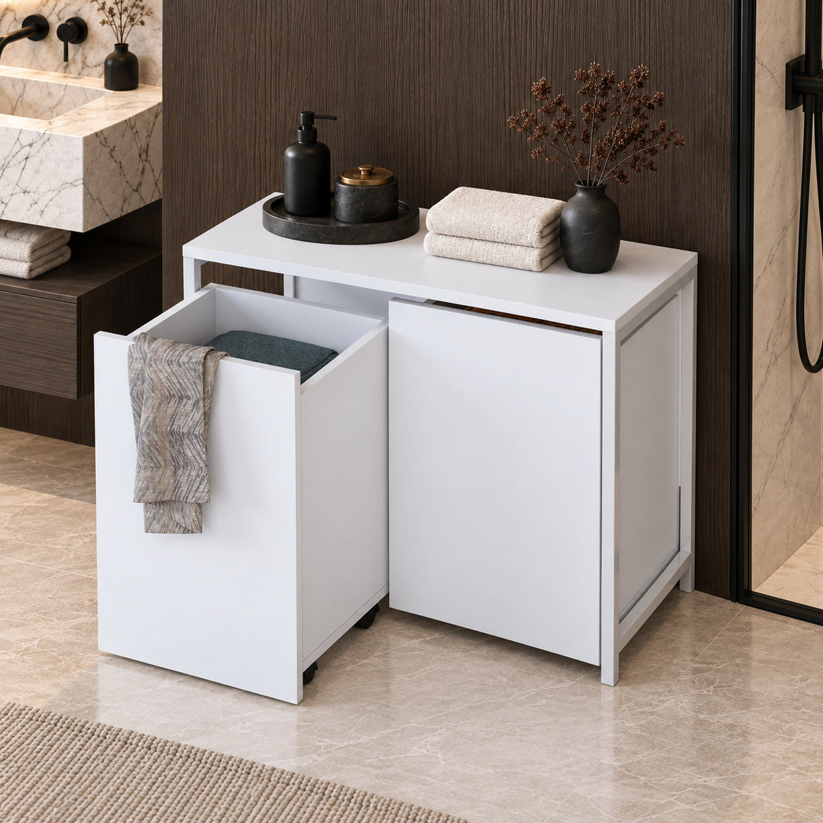 Rani KC128 Tekerlekli Kirli Çamaşır Dolabı 2 Bölmeli Banyo Dolabı Beyaz