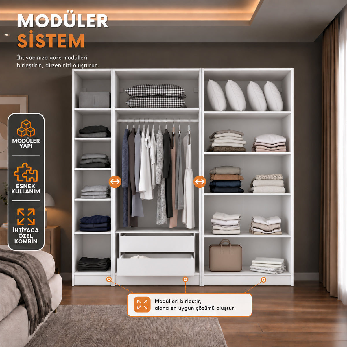 Rani BA388 Modüler Gardırop 5 Kapaklı Raflı Askılı Çekmeceli Elbise Dolabı Beyaz
