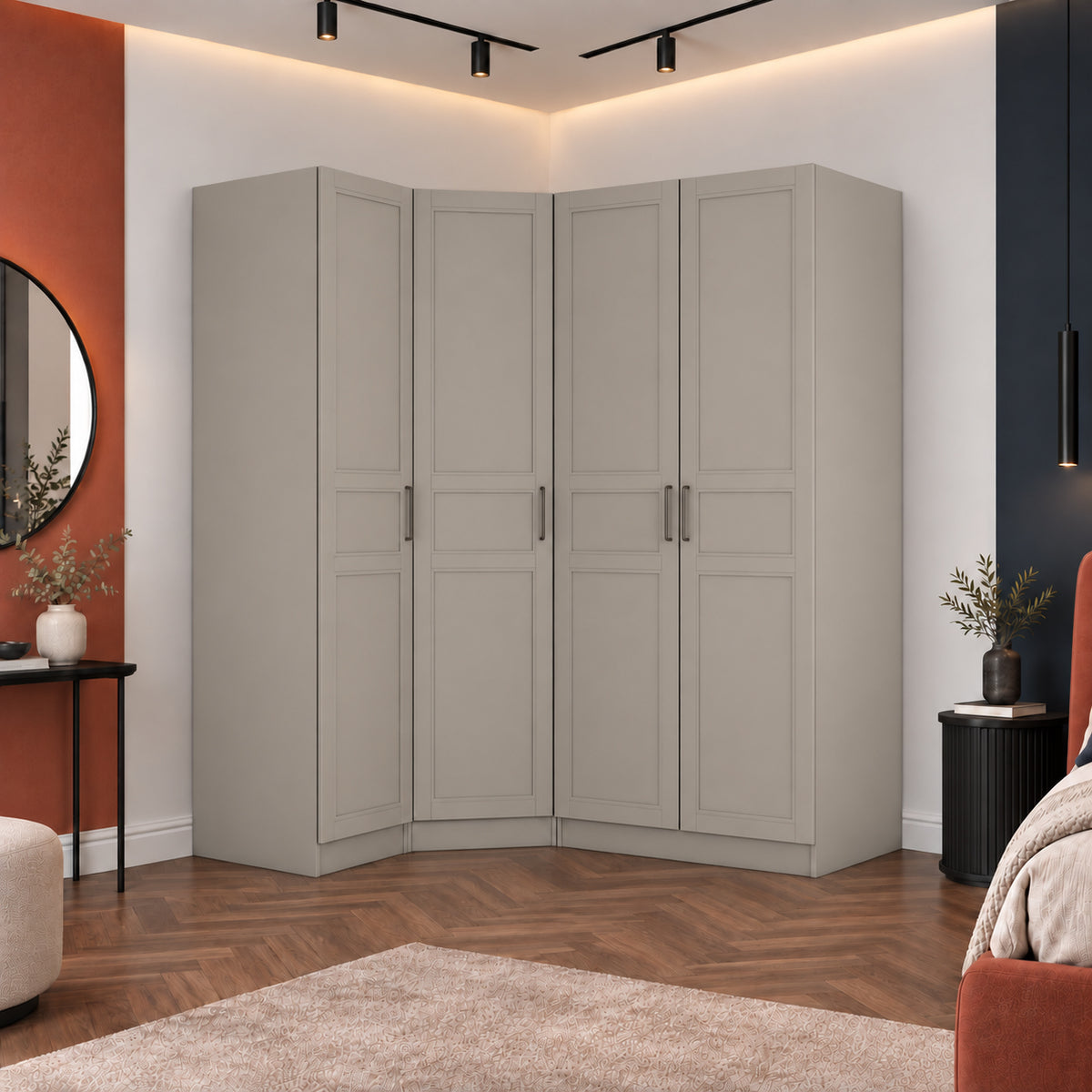 Rani BA399 Membran Kapaklı Modüler Köşe Gardırop 4 Kapaklı Raflı Askılı Elbise Dolabı Kumtaşı