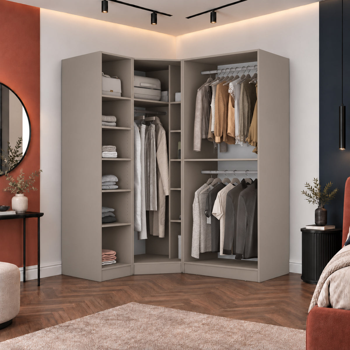 Rani BA399 Membran Kapaklı Modüler Köşe Gardırop 4 Kapaklı Raflı Askılı Elbise Dolabı Kumtaşı