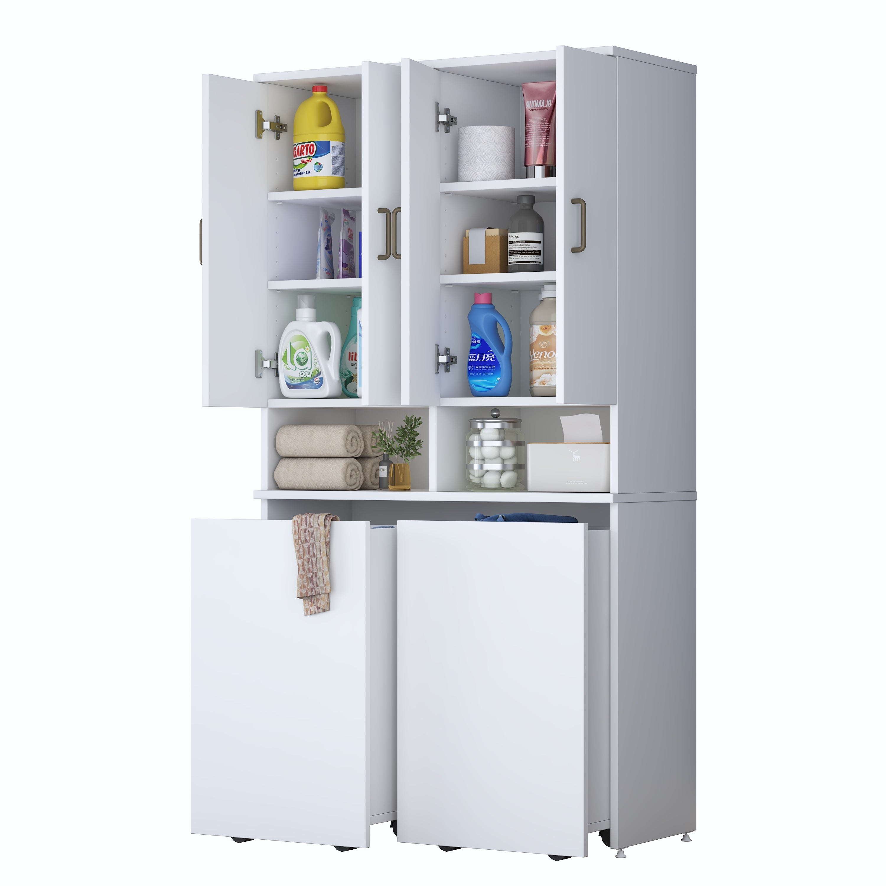 Rani KC123 Banyo Dolabı Raflı Çekmeceli Çamaşır Sepeti Bölmeli Çok Amaçlı Dolap Beyaz