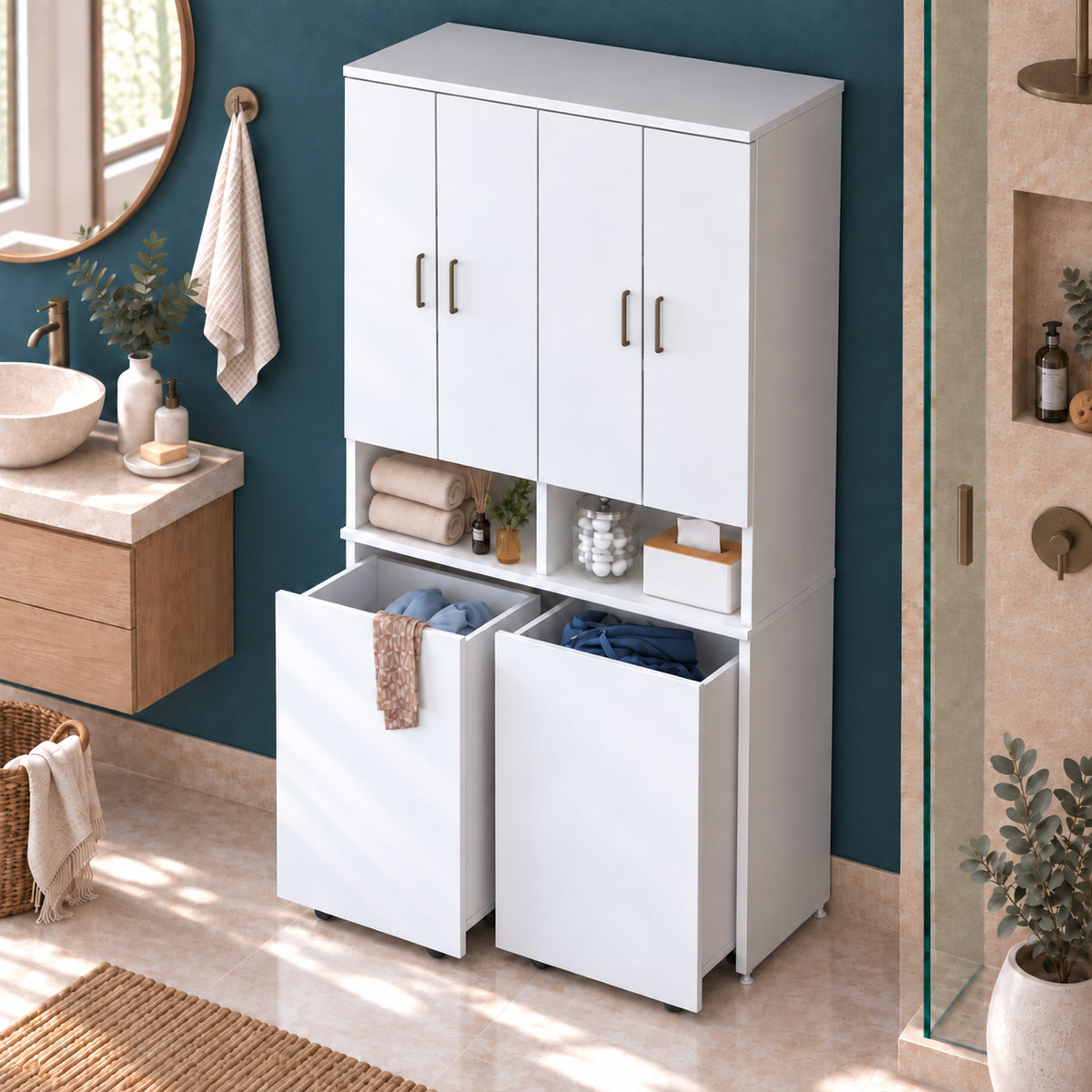 Rani KC123 Banyo Dolabı Raflı Çekmeceli Çamaşır Sepeti Bölmeli Çok Amaçlı Dolap Beyaz