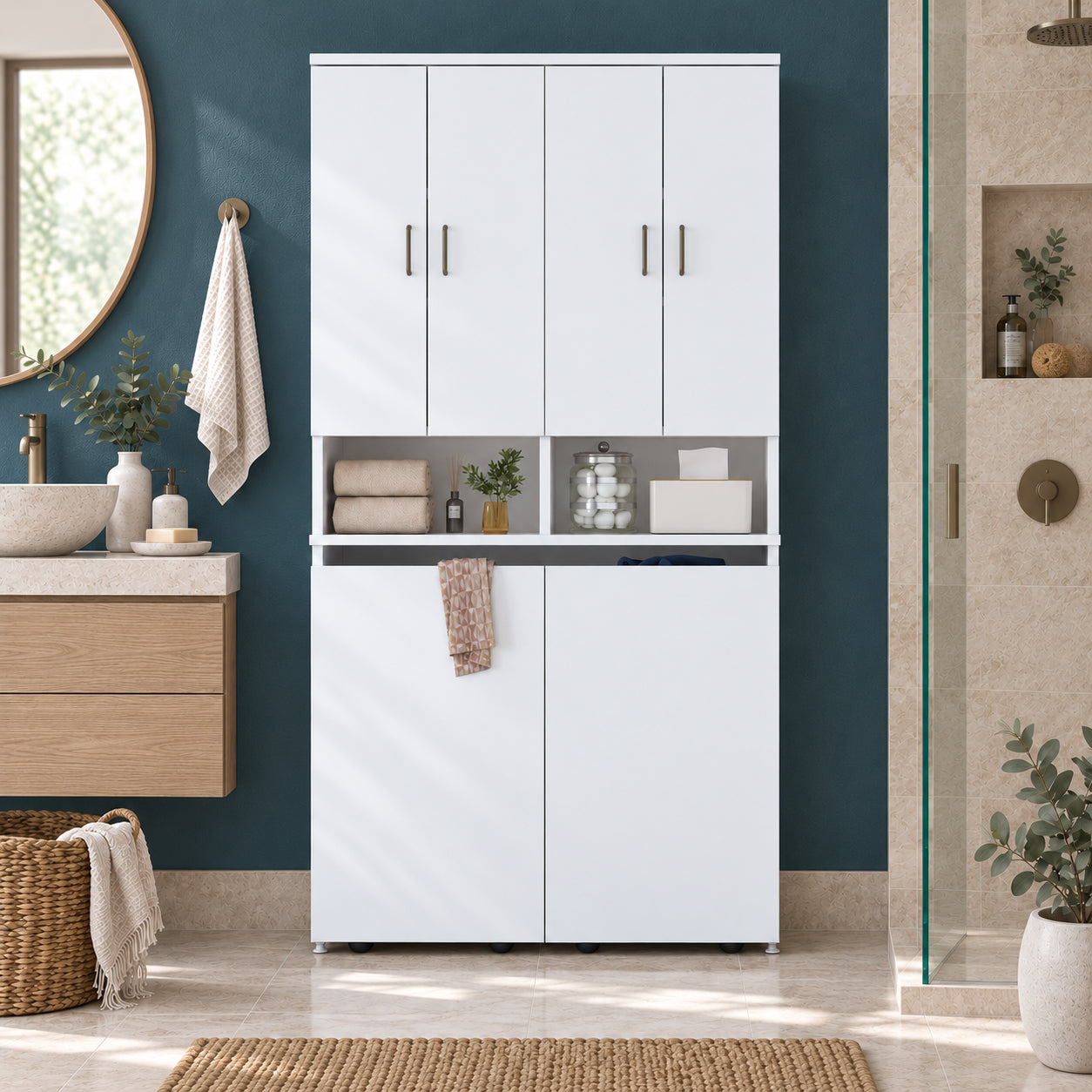 Rani KC123 Banyo Dolabı Raflı Çekmeceli Çamaşır Sepeti Bölmeli Çok Amaçlı Dolap Beyaz