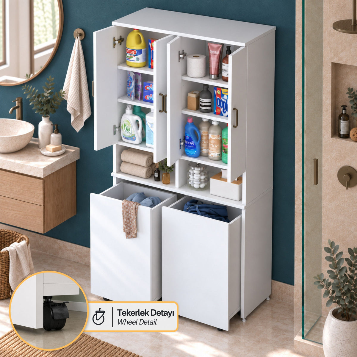 Rani KC123 Banyo Dolabı Raflı Çekmeceli Çamaşır Sepeti Bölmeli Çok Amaçlı Dolap Beyaz