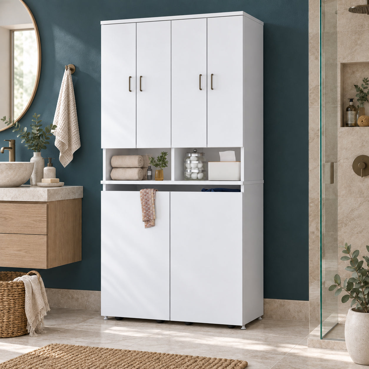 Rani KC123 Banyo Dolabı Raflı Çekmeceli Çamaşır Sepeti Bölmeli Çok Amaçlı Dolap Beyaz