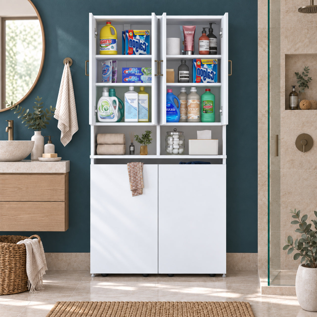 Rani KC123 Banyo Dolabı Raflı Çekmeceli Çamaşır Sepeti Bölmeli Çok Amaçlı Dolap Beyaz