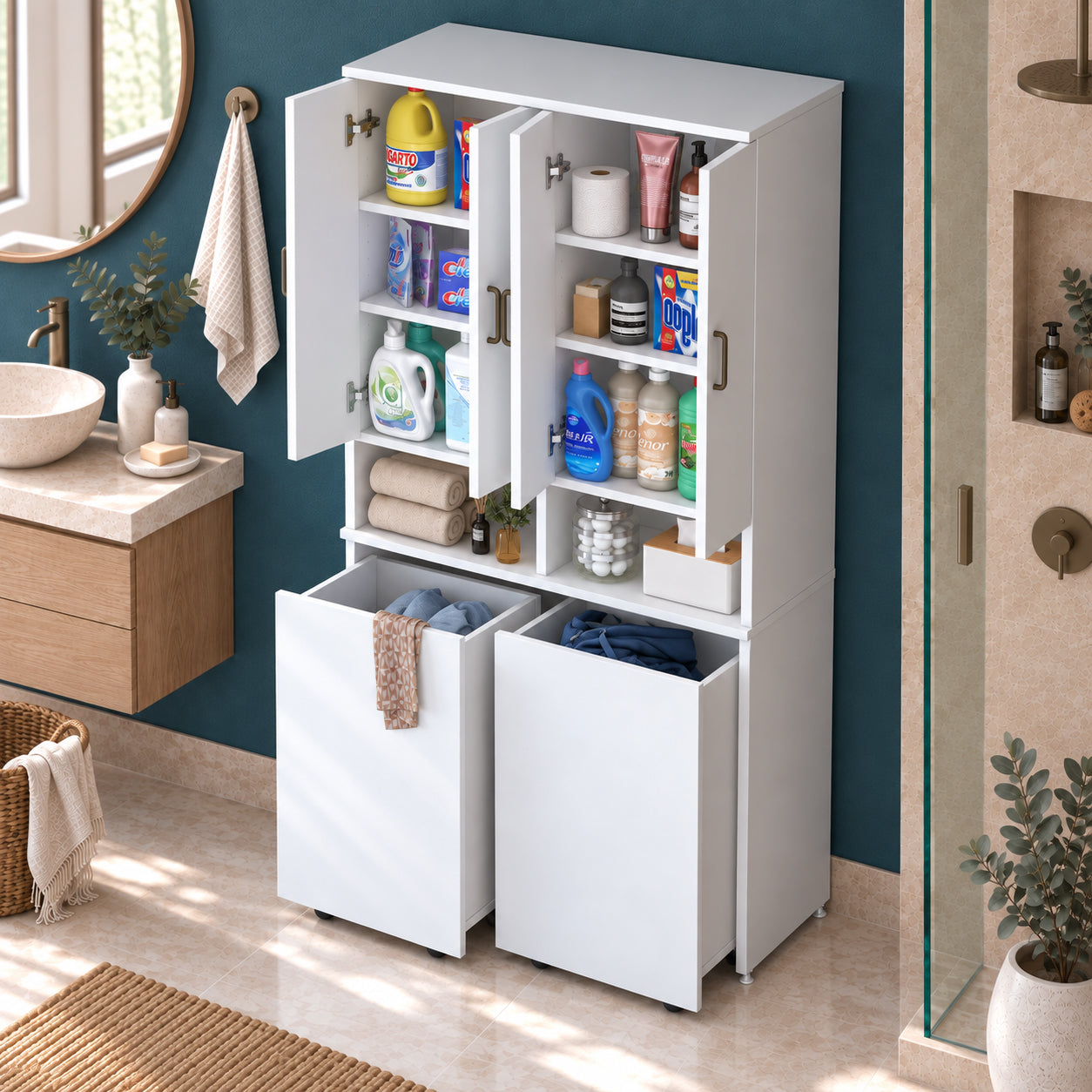 Rani KC123 Banyo Dolabı Raflı Çekmeceli Çamaşır Sepeti Bölmeli Çok Amaçlı Dolap Beyaz