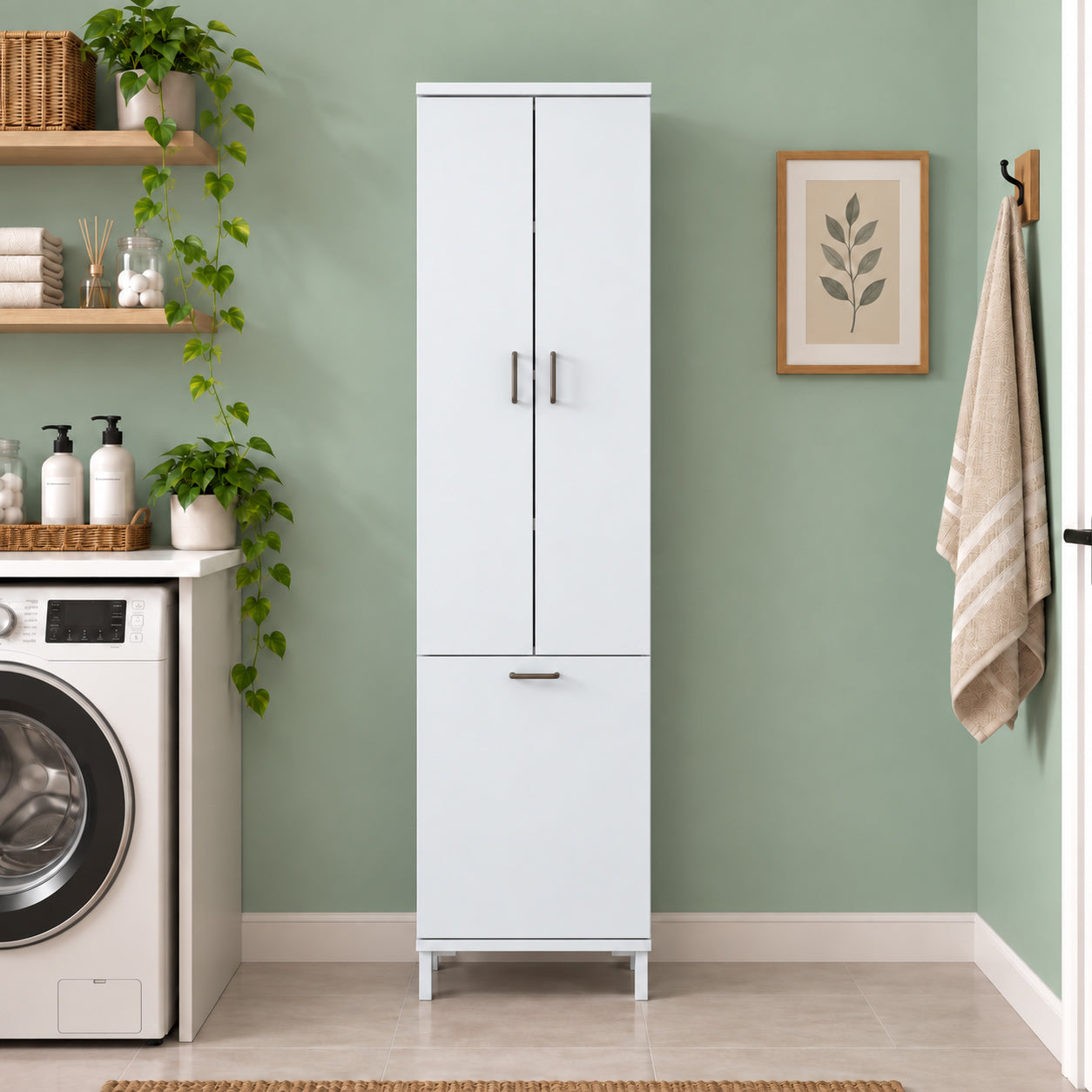 Rani KC119 Banyo Dolabı Düşer Kapaklı Raflı Çamaşır Sepeti Bölmeli Çok Amaçlı Dolap Beyaz