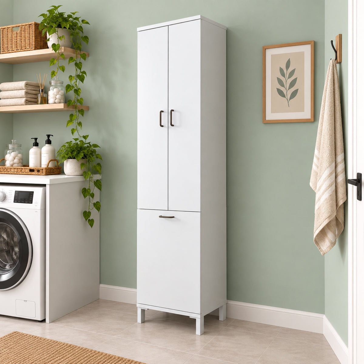Rani KC119 Banyo Dolabı Düşer Kapaklı Raflı Çamaşır Sepeti Bölmeli Çok Amaçlı Dolap Beyaz